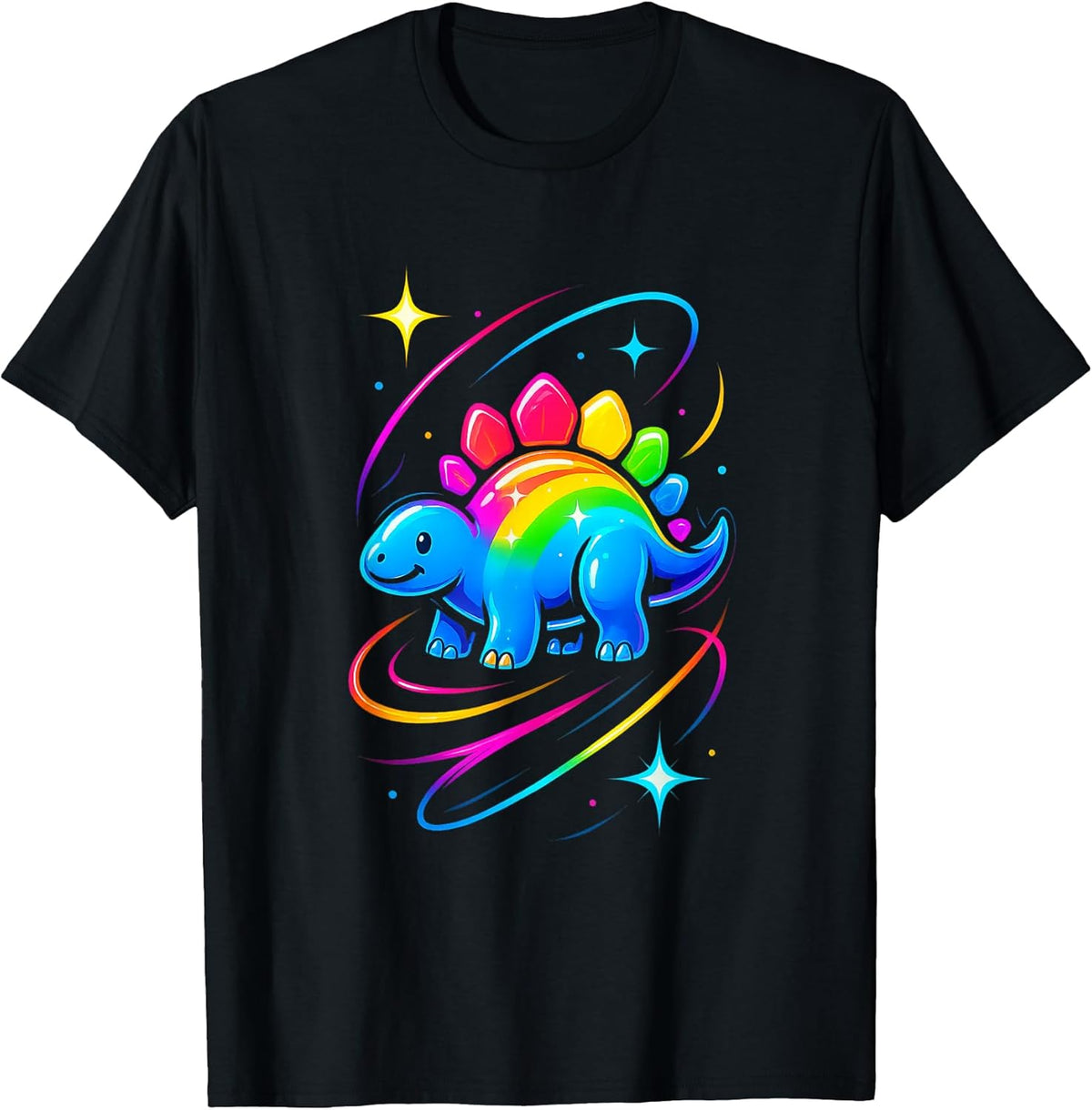 Rainbow Stegosaurus Cartoon Dinosaur Colorful Art T-Shirt