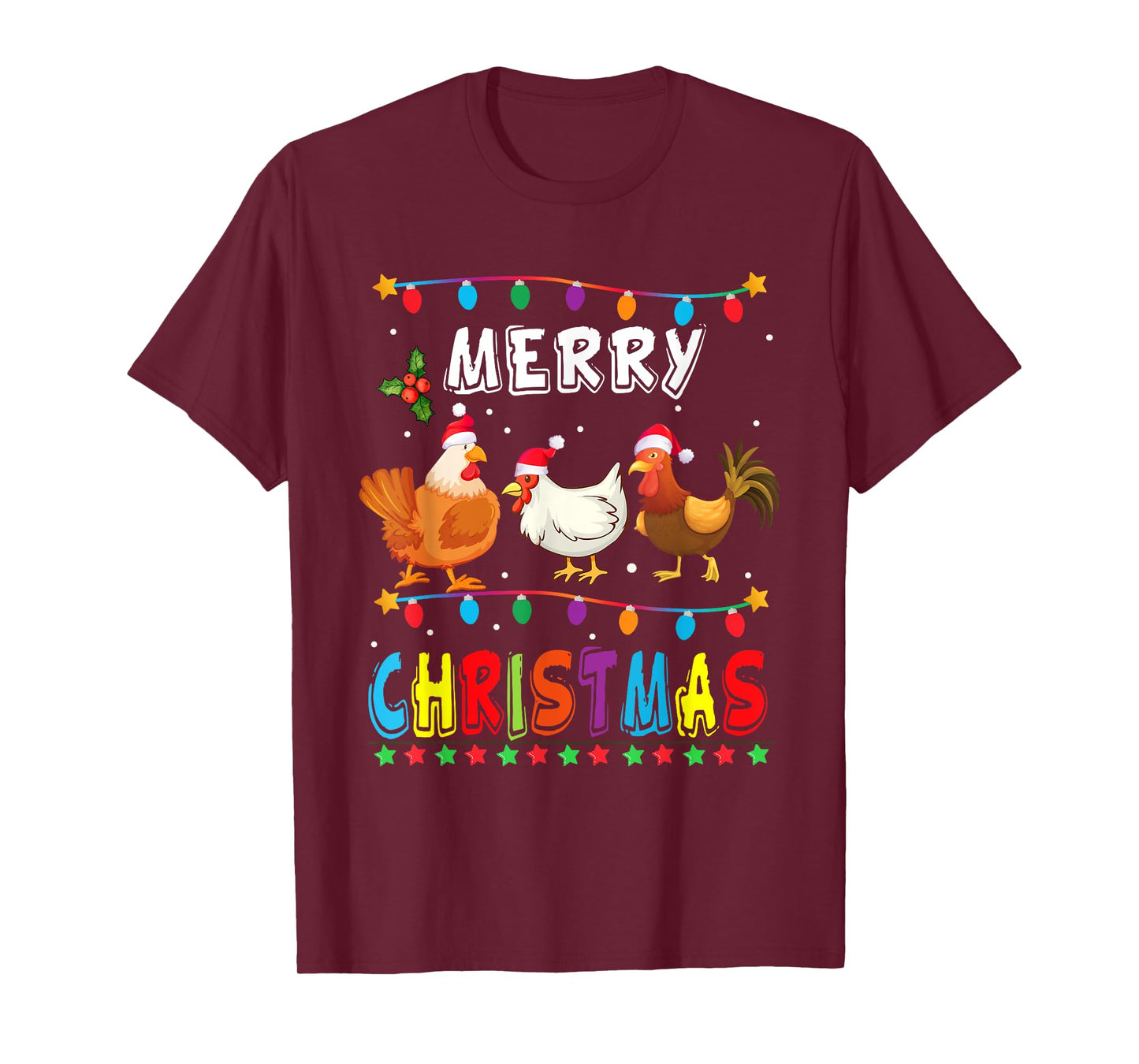 Merry Christmas Chicken Shirt Santa Hat Lights Xmas Funny T-Shirt