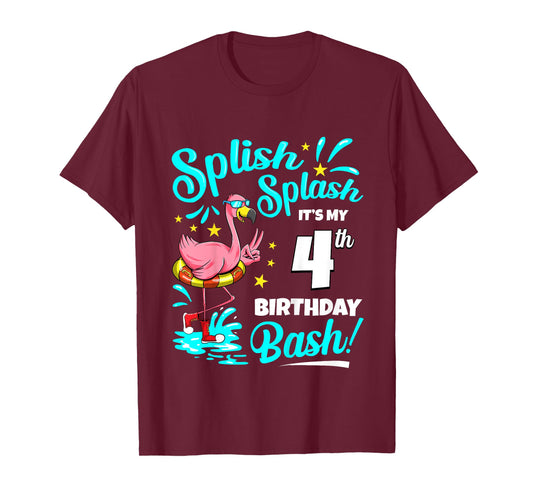 4th Birthday Flamingo 4 Years Old Pool Party Summer T-Shirt for Kids