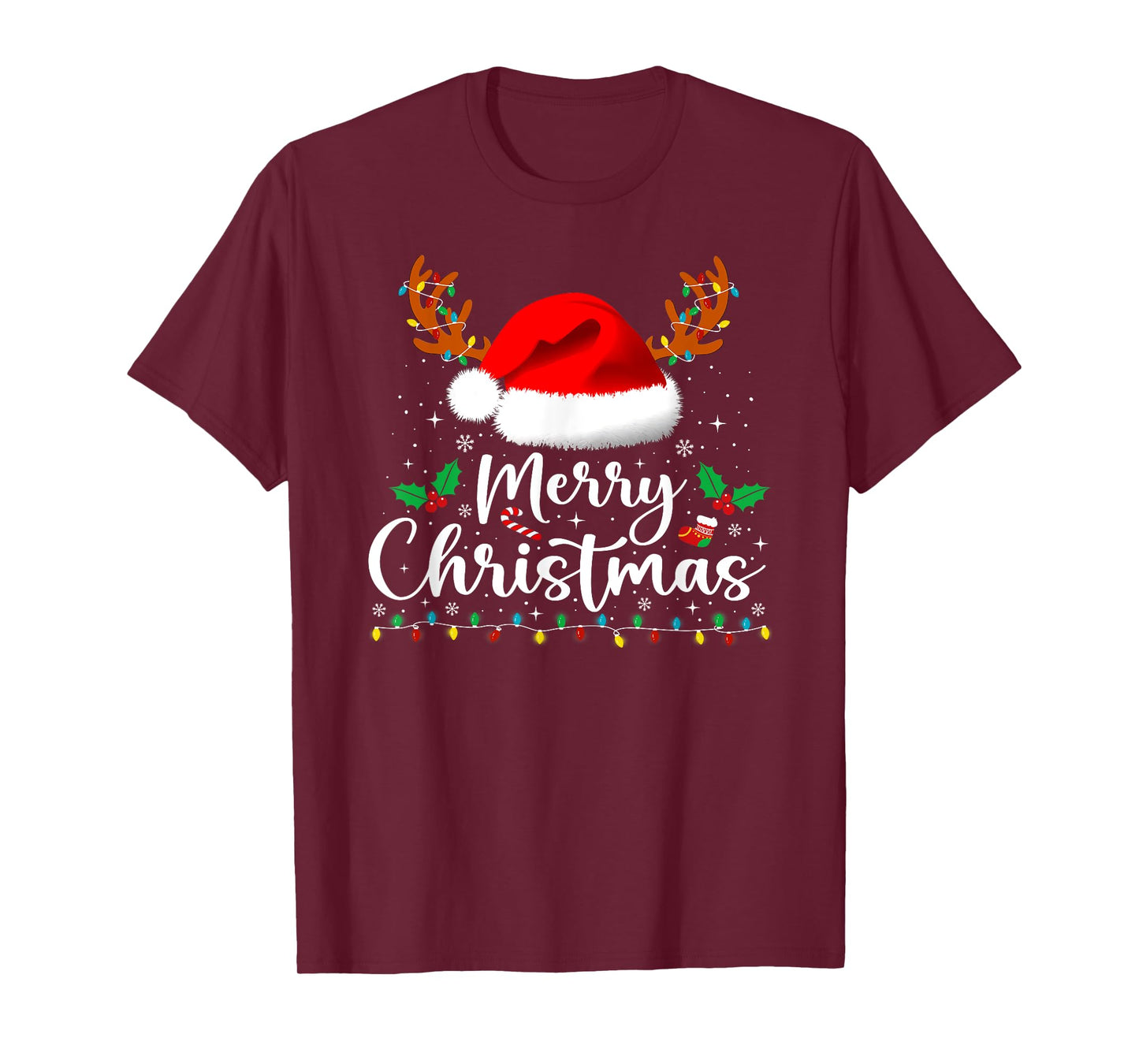 Merry Christmas Reindeer Funny Family Men Women Xmas Lights T-Shirt