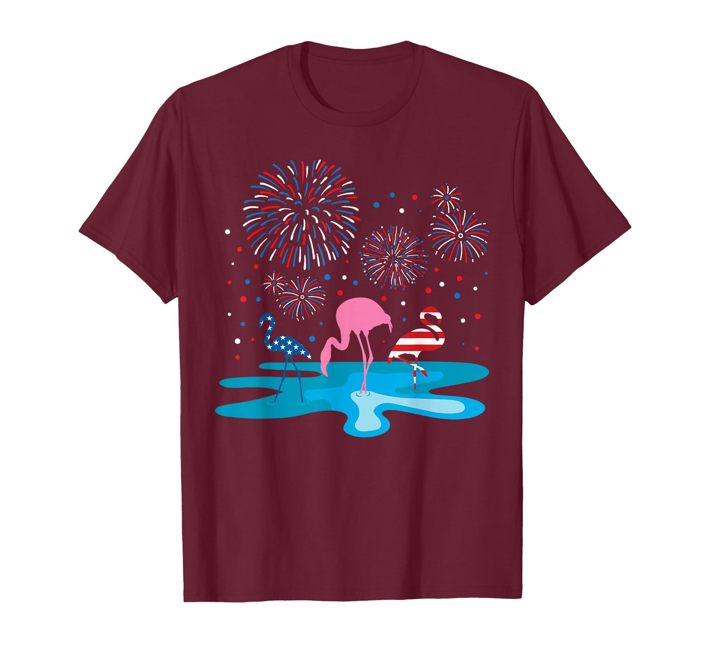 Flamingo 4th of July Fireworks Patriotic American USA Flag T-Shirt