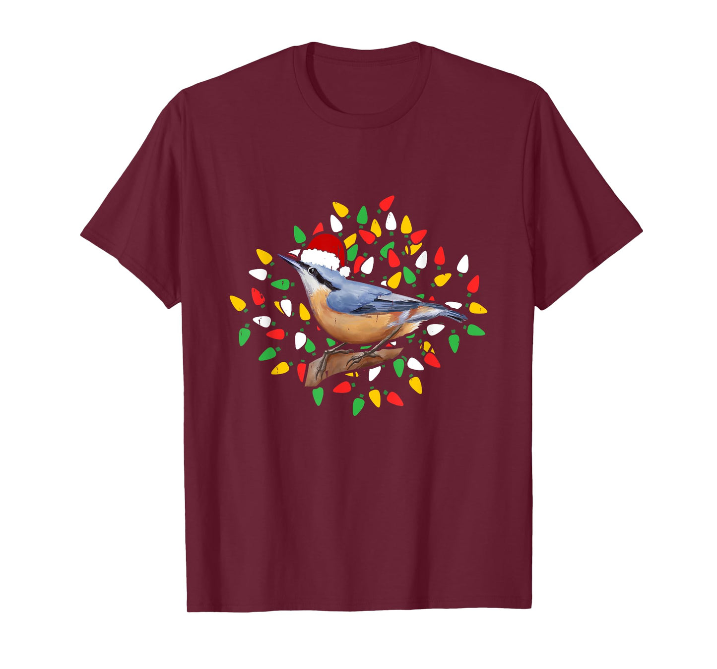Holiday Xmas Lighting Santa Hat Red Breasted Nuthatch Bird T-Shirt