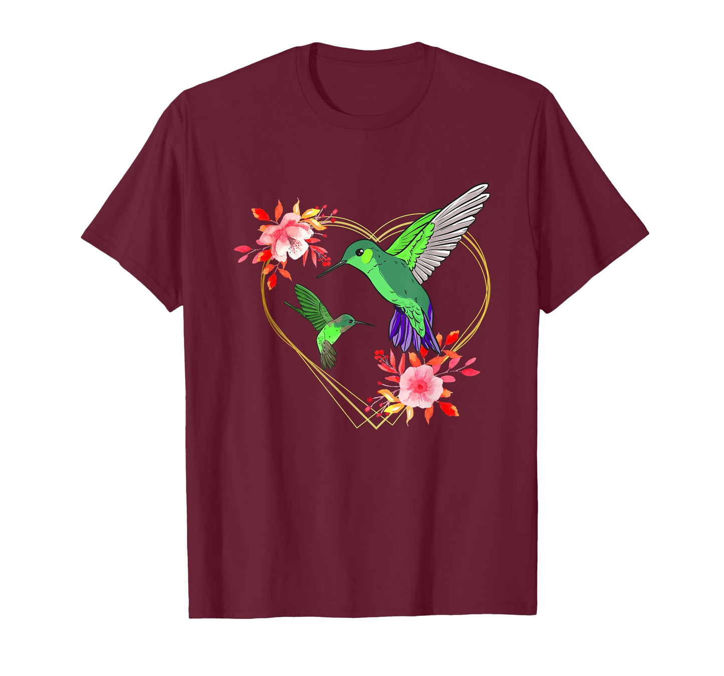 Hummingbird Red Heart Flowers Humminbird Hummingbird Bird T-Shirt