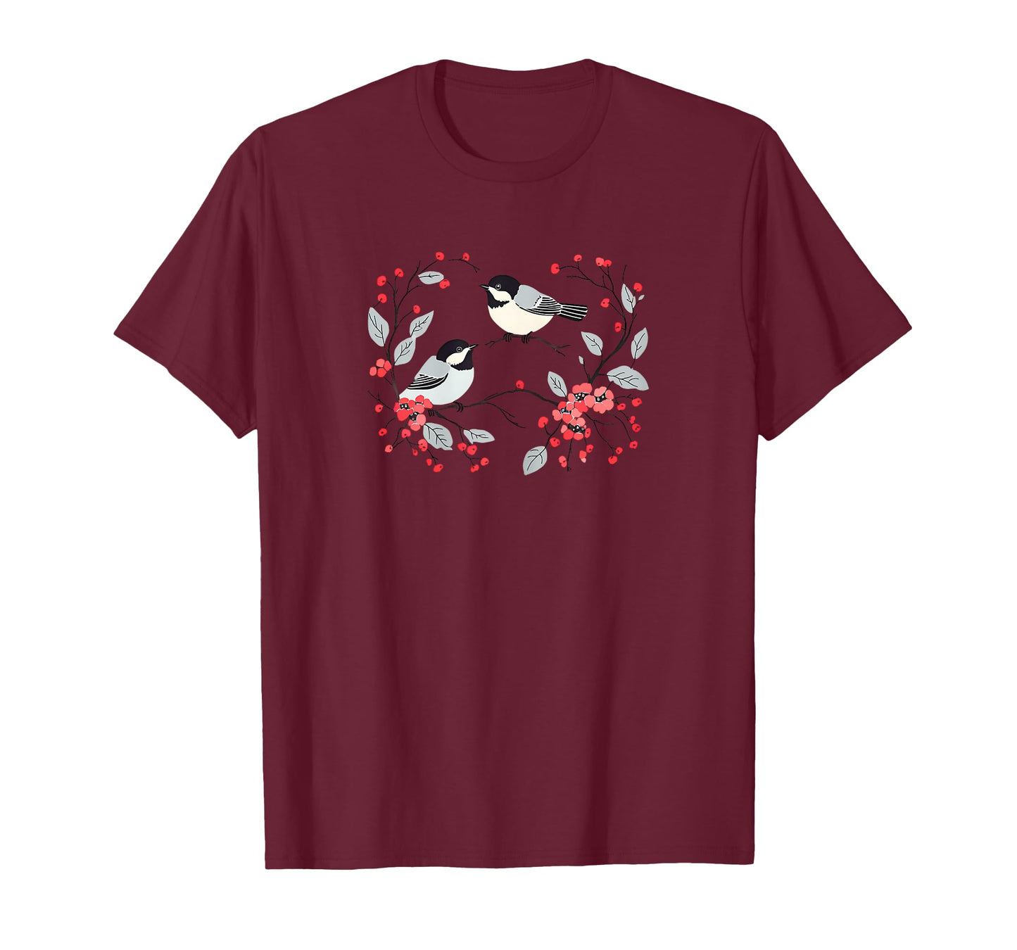 Romantic Chickadees Floral Wreath and Red Berries T-Shirt