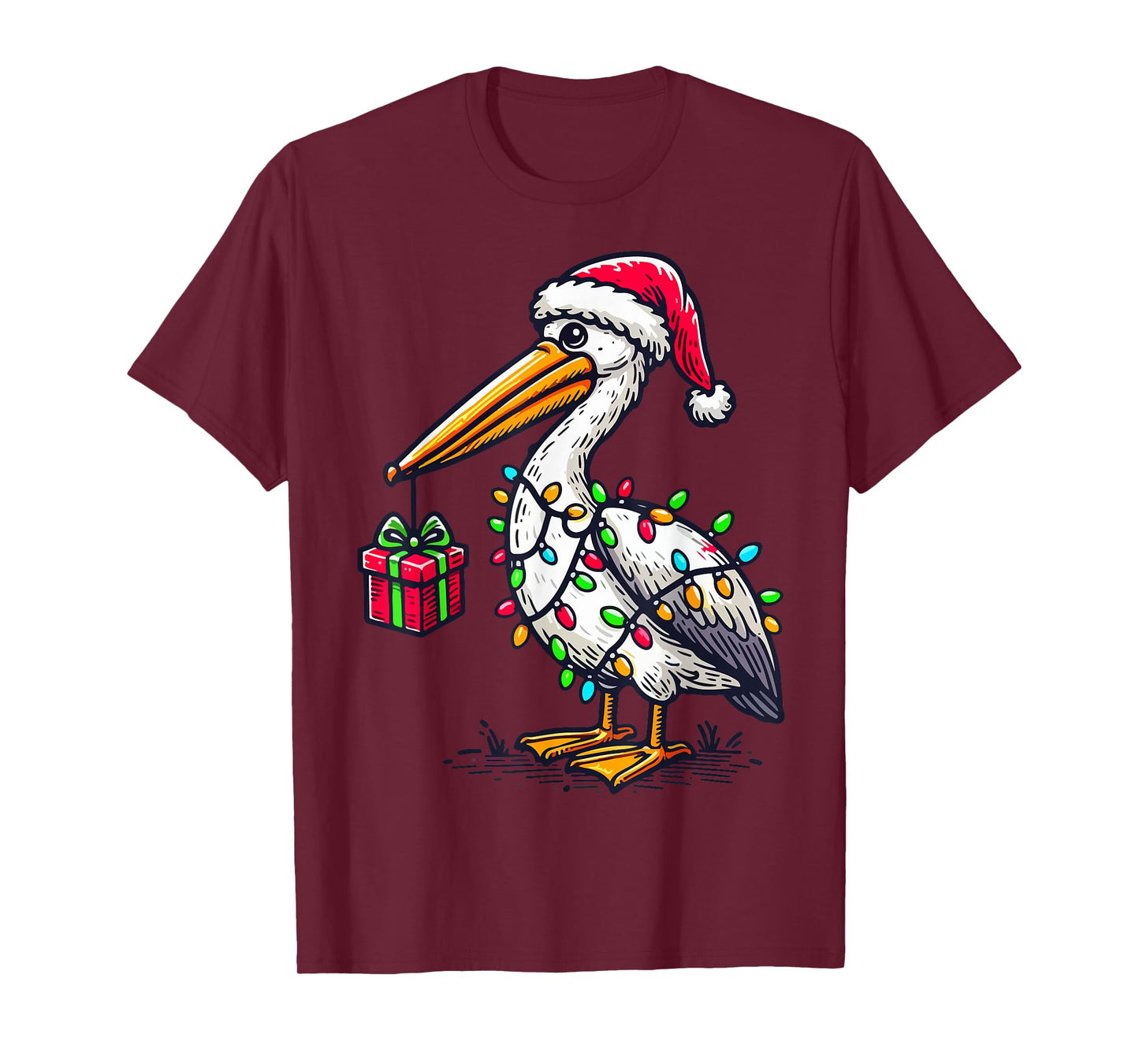 Pelican Bird Wearing Santa Hat, Holding A Present Box Xmas T-Shirt