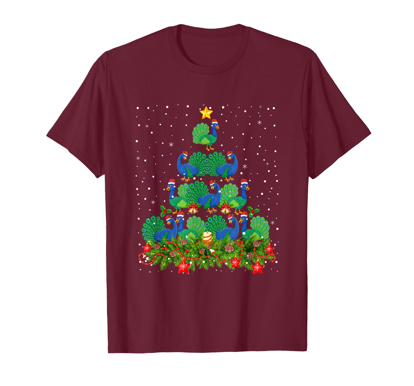 Peacock Bird Xmas Tree - Santa Hat Peacock Christmas T-Shirt