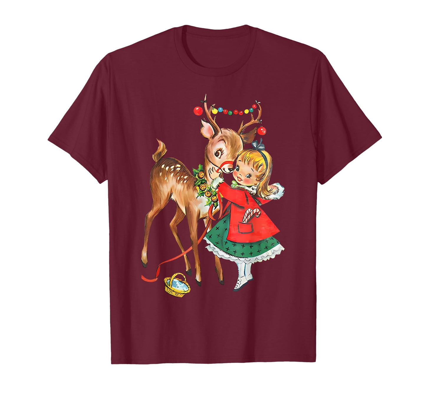 Vintage 1950s Old Fashioned Family Christmas Retro Christmas Reindeer And Girl Mid Century Xmas T-Shirt