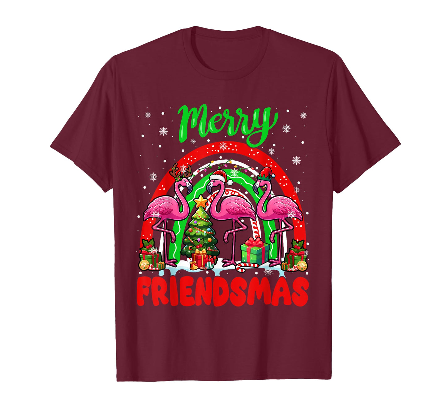 Merry Christmas Friends Three Santa Flamingos Rainbow T-Shirt
