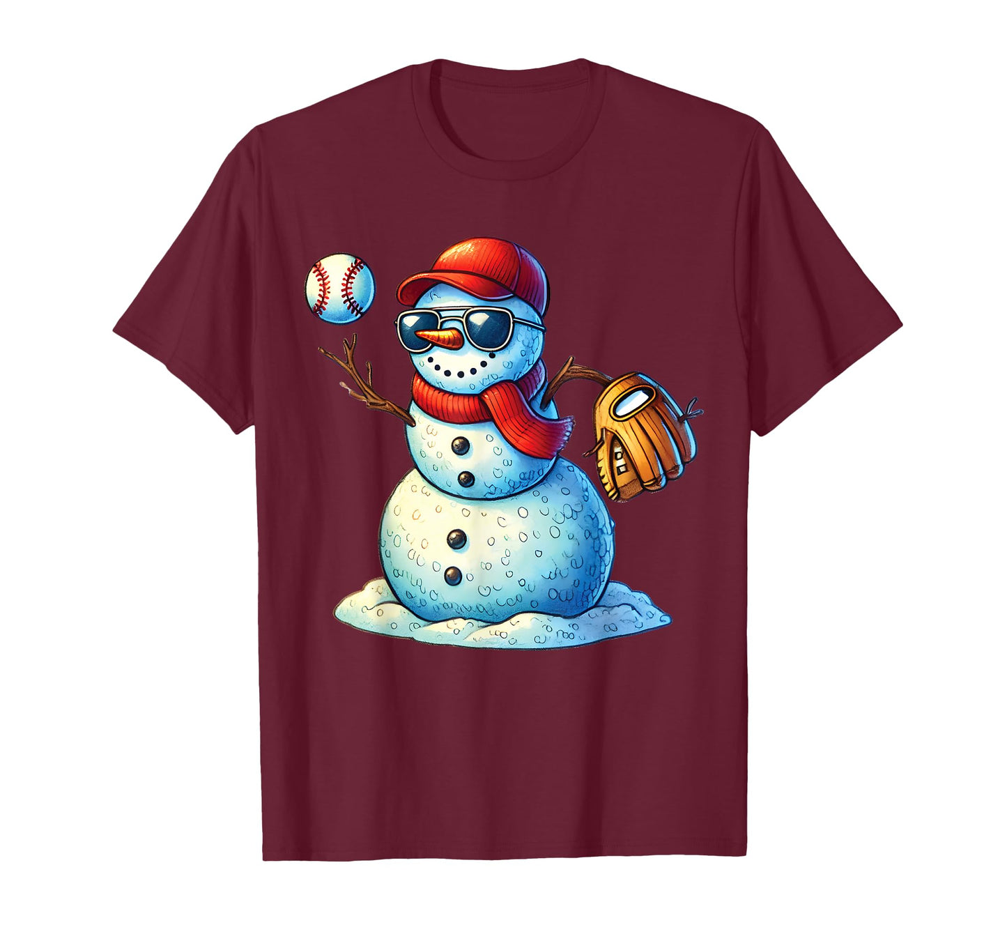 Snowman Playing Baseball as Pitcher Boys Teens Christmas T-Shirt