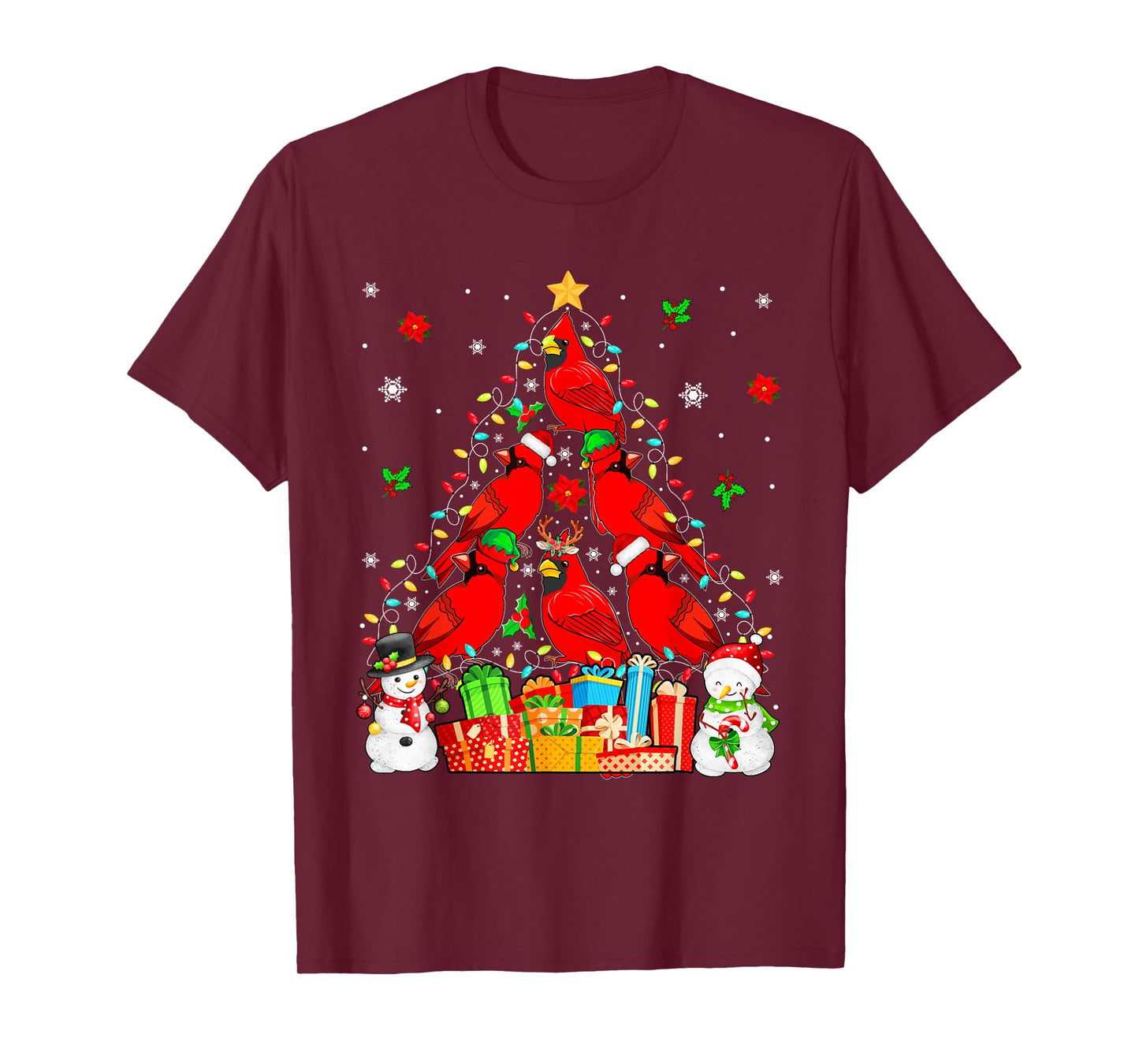 Group Santa Reindeer Elf Cardinal Birds As Xmas Tree Snowmen T-Shirt