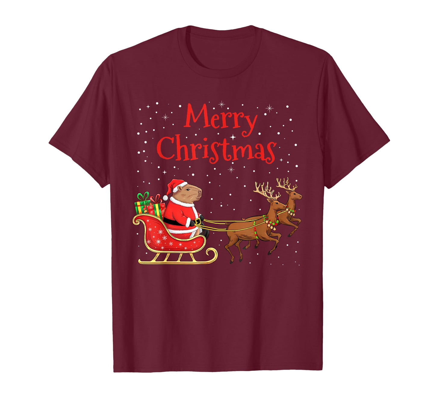 Merry Christmas Capybara Riding Santa Sleigh With Reindeer T-Shirt