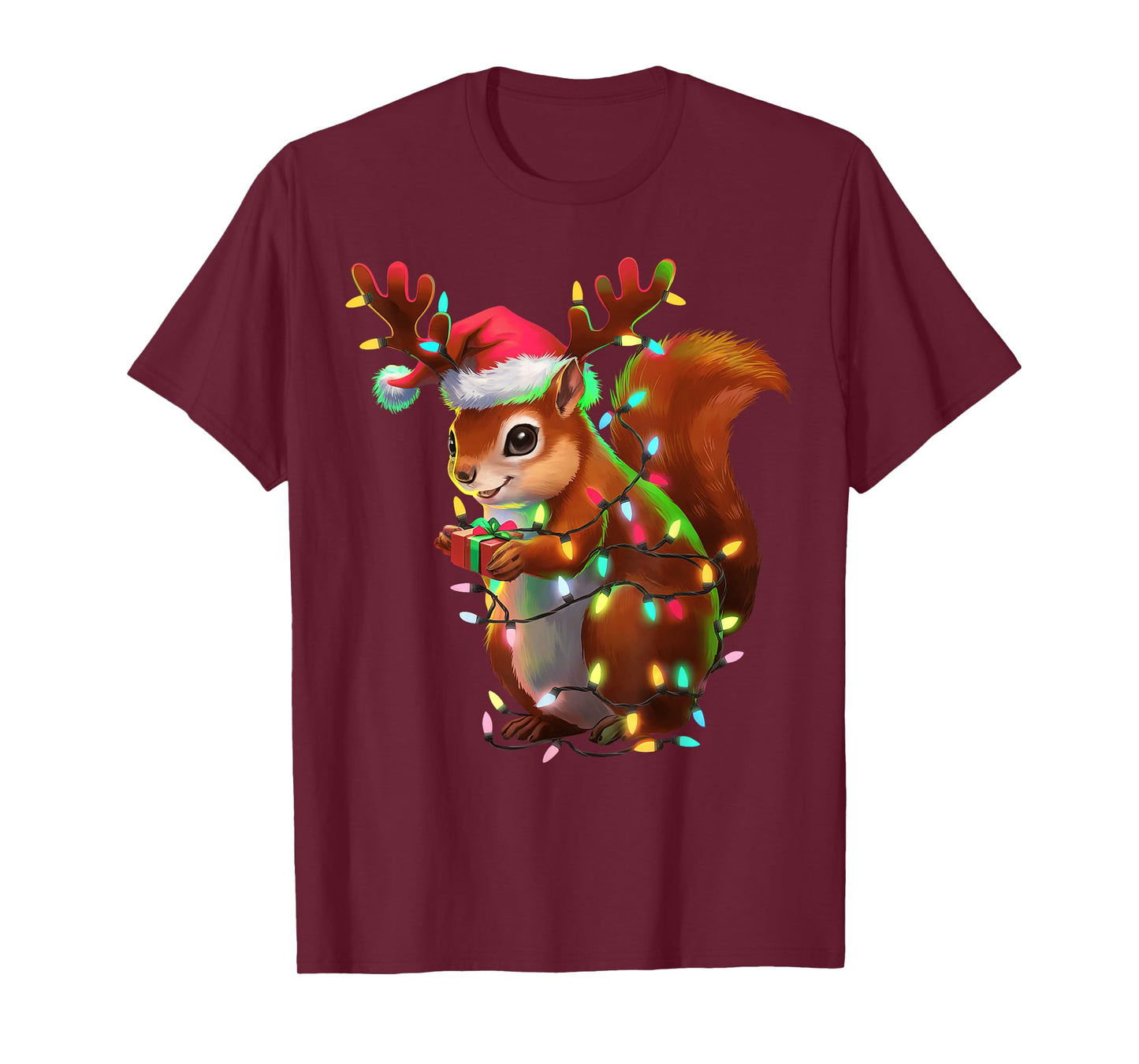 Christmas Squirrel Lights Santa Hat Xmas Family Men Women T-Shirt