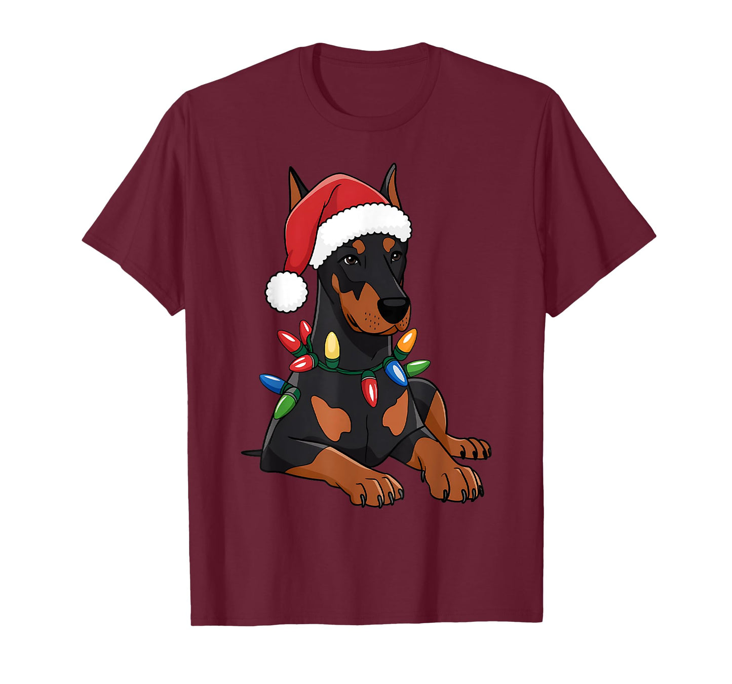 Doberman Santa Christmas Lights Dog Lover Xmas Men Women T-Shirt