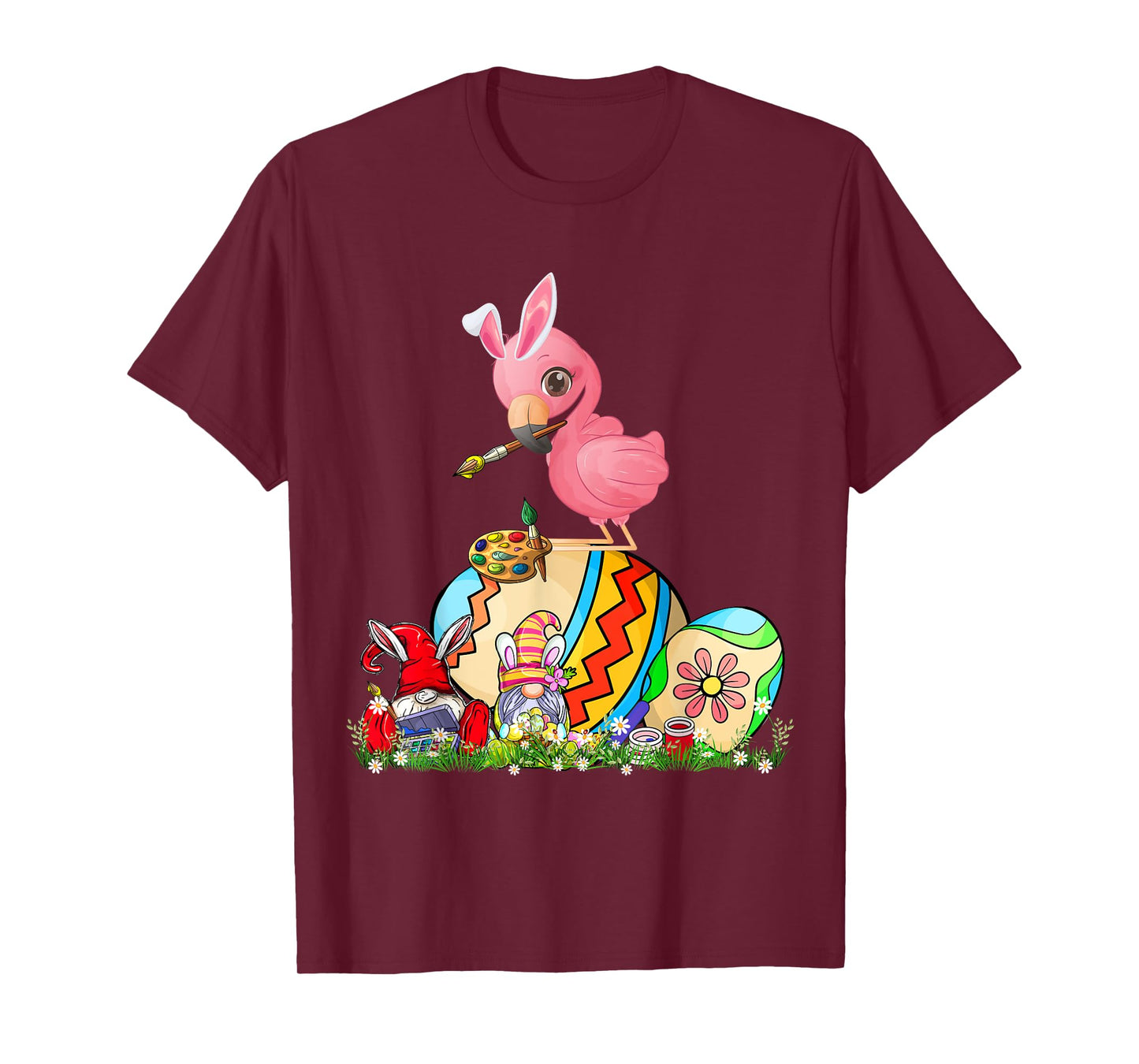 Easter Bunny Flamingo With Gnomes Painting Chocolate Eggs T-Shirt