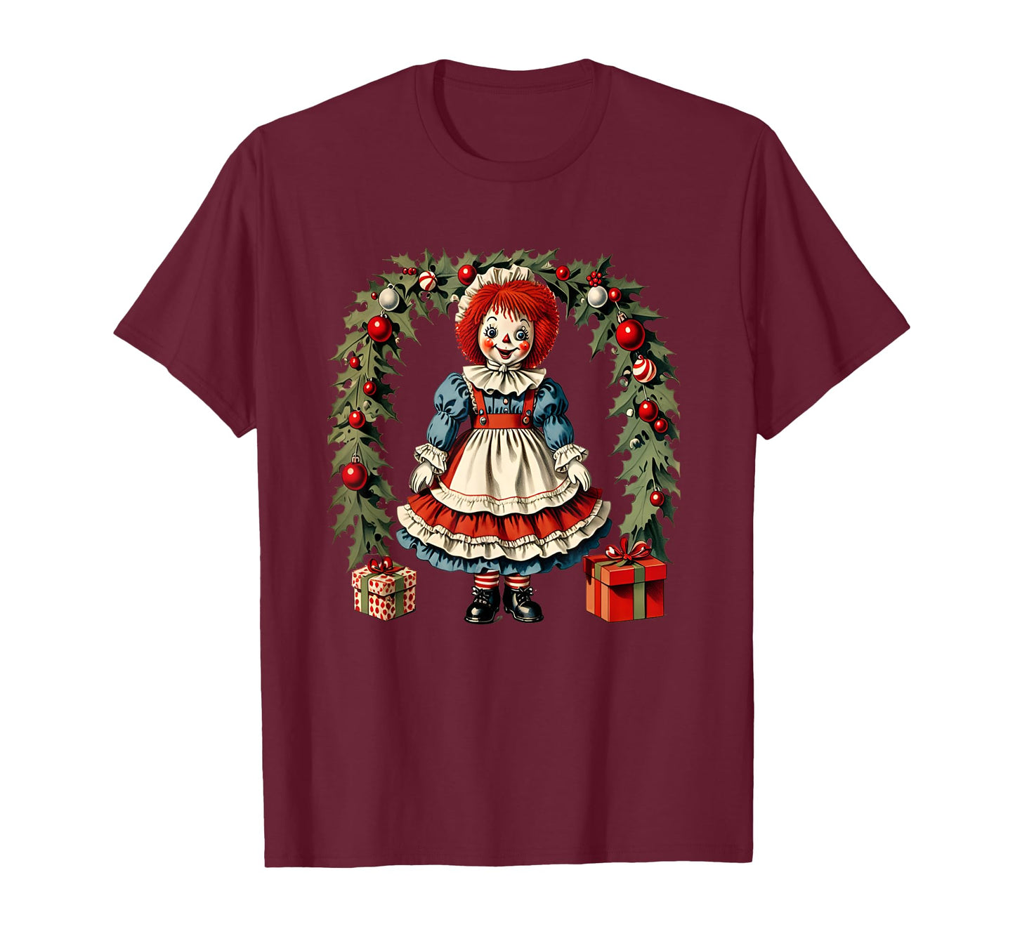 X-mas Children's Cloth Rag Doll Story Raggedy Ann Christmas Wreath and Presents T-Shirt