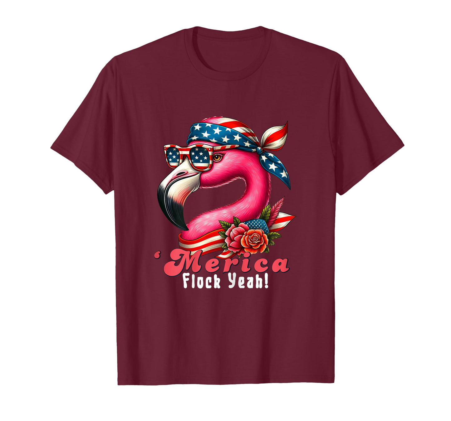 Merica Flock Yeah Patriotic Flamingo 4th of July Usa Flag Women T-Shirt
