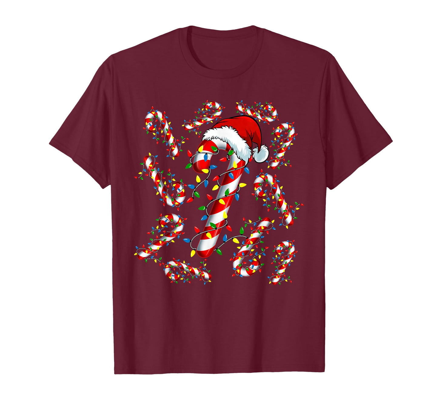 Red and White Candy Cane Santa Funny Christmas Xmas Lights T-Shirt