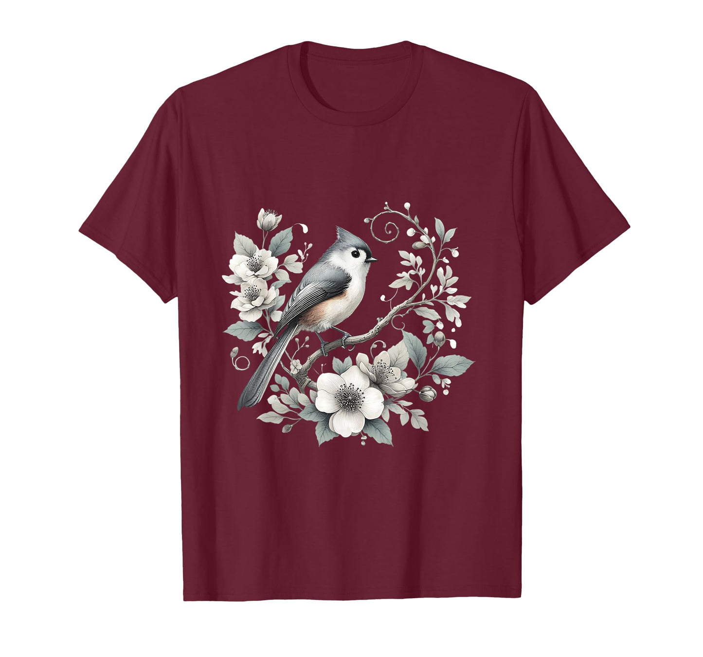 Charming Tufted Titmouse Bird with Floral Nature Design T-Shirt