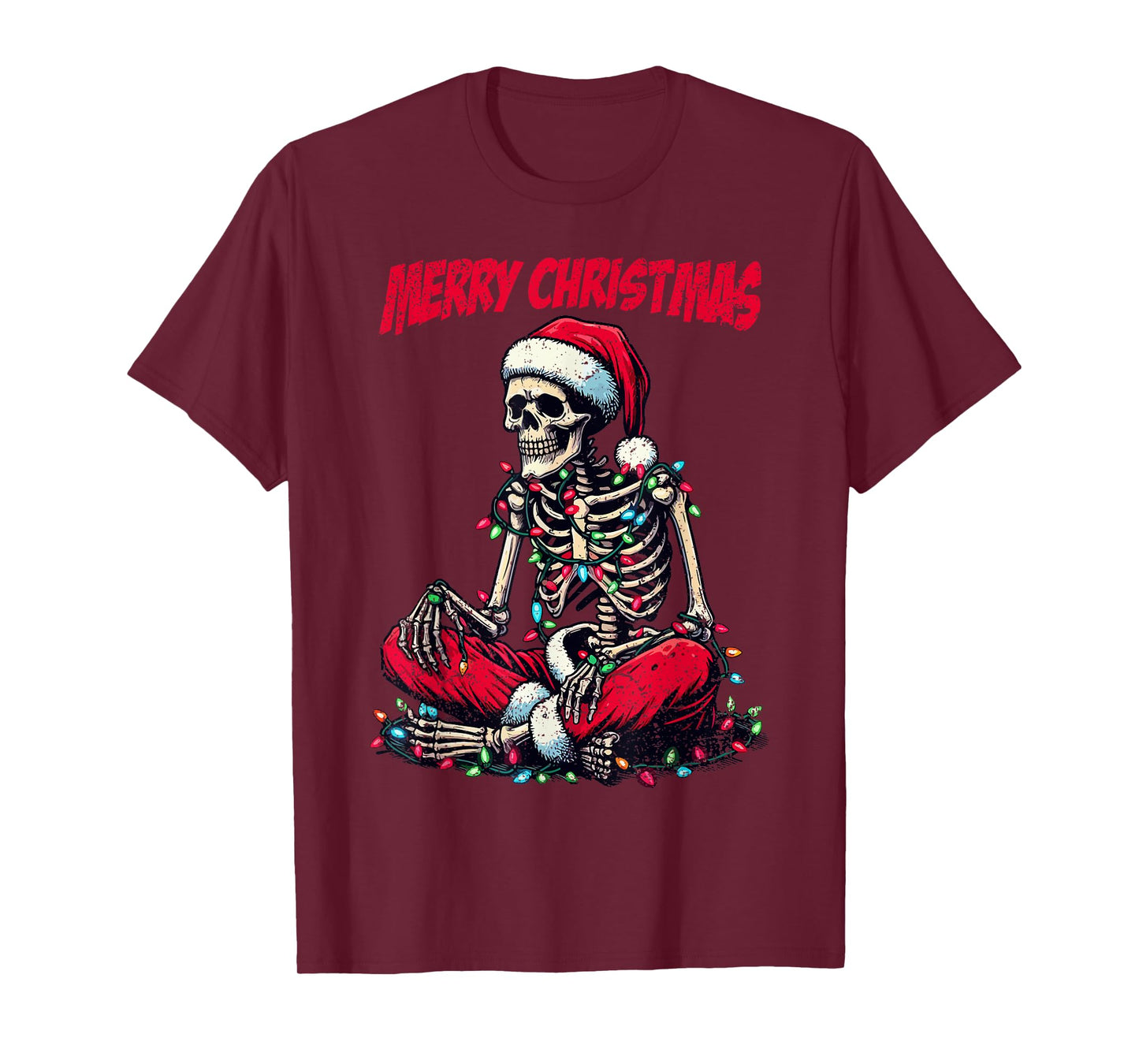Skeleton Santa Hat Merry Christmas X-mas Lights Holiday T-Shirt