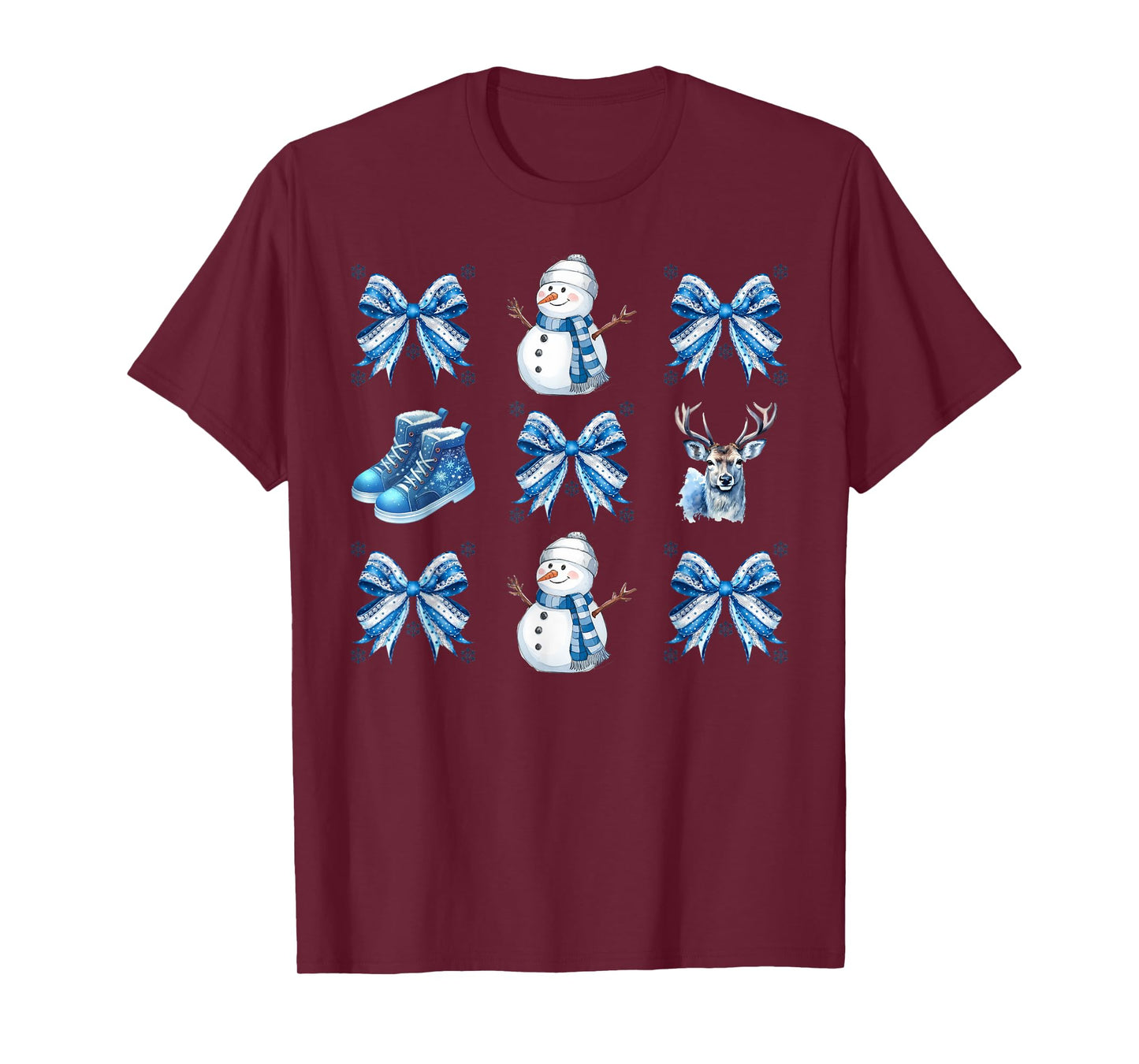 Cute Snowman Coquette Bow Winter Wonderland Icy Blue Xmas T-Shirt