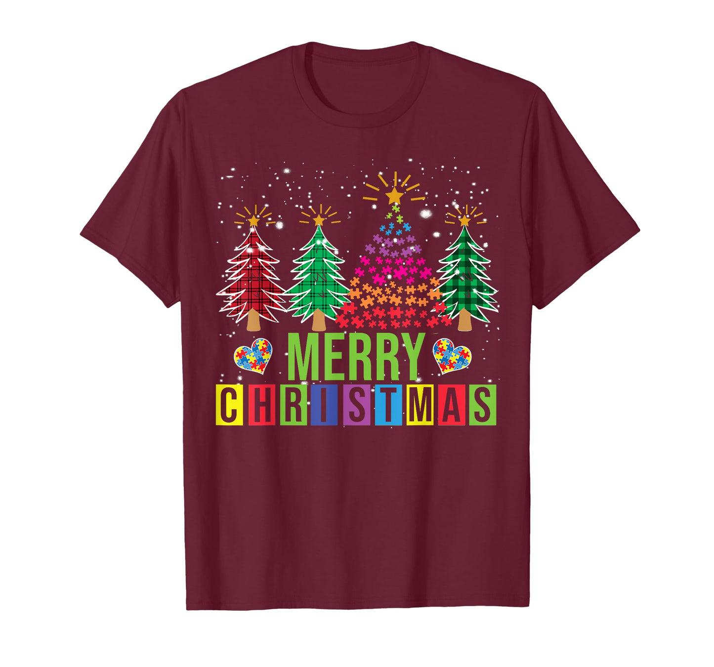 Autism Merry Christmas Tree Buffalo Plaid Matching Family T-Shirt