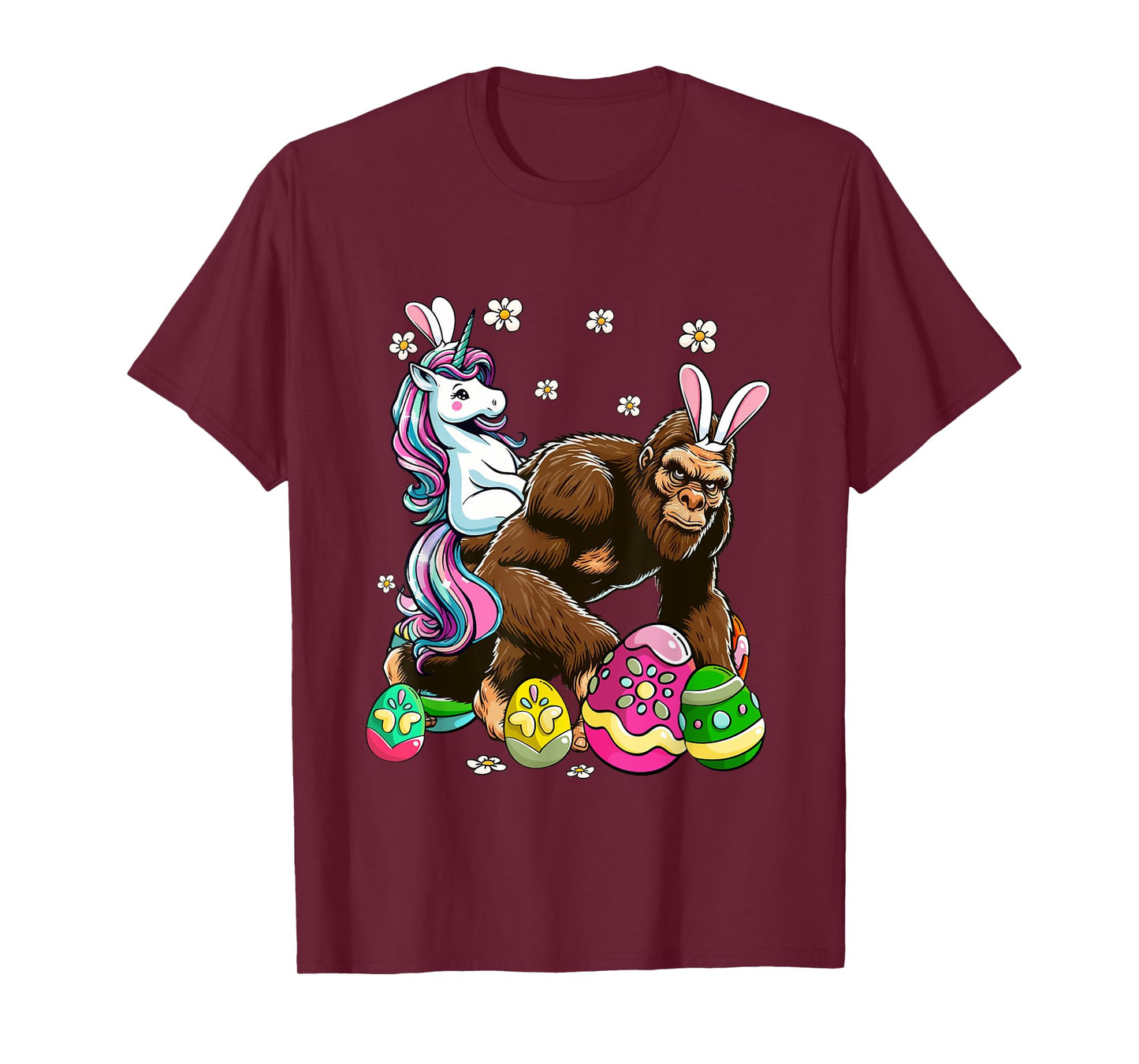 Bunny Unicorn Riding Bigfoot Flowers Easter Day Hunting Eggs T-Shirt