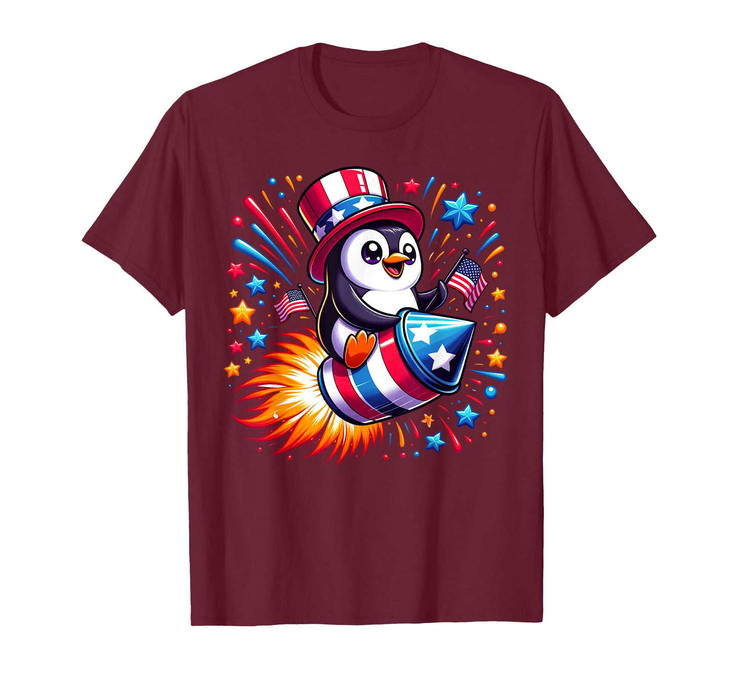 Cute Penguin 4th July Fireworks American USA Flag Boys Girls T-Shirt