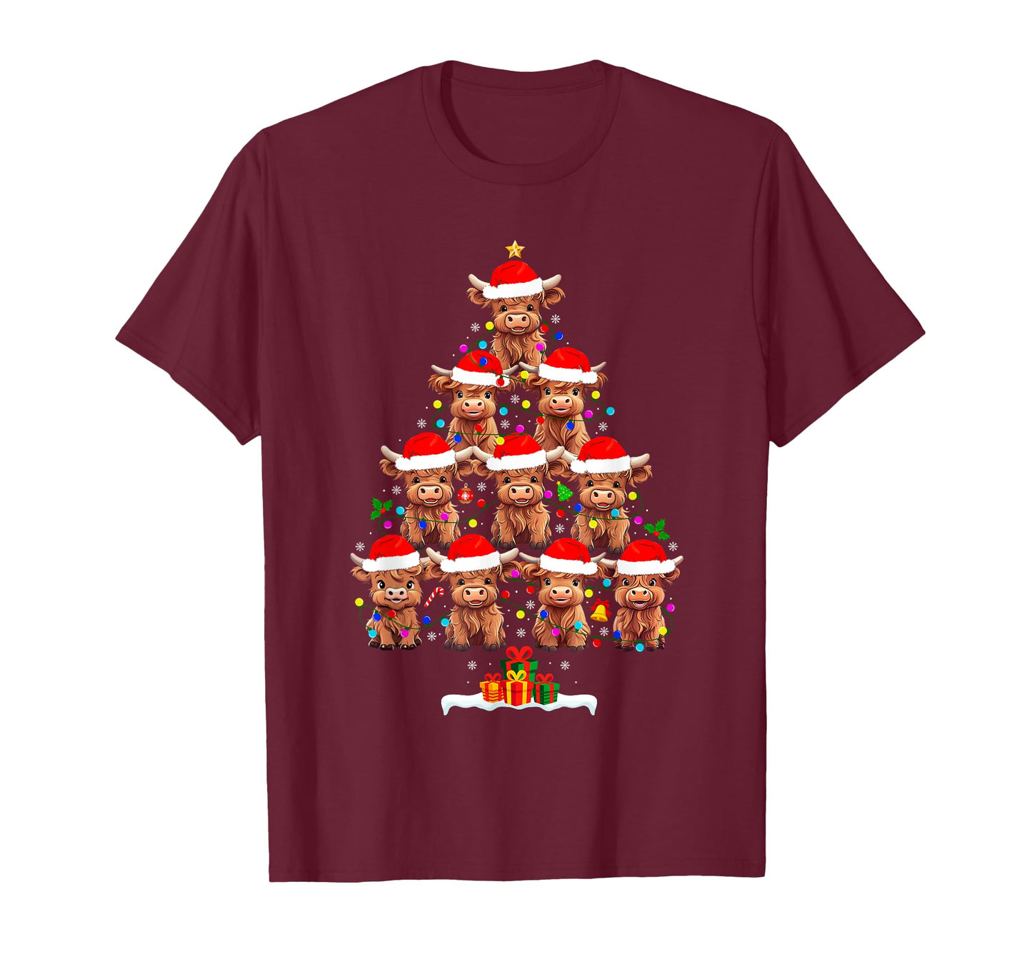 Scottish Highland Cow Christmas Tree Lights Xmas Pajamas T-Shirt