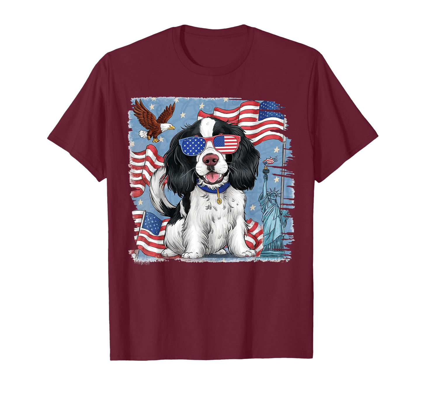 English Springer Spaniel Dog with American Flag 4th of July Women Kids Men T-Shirt
