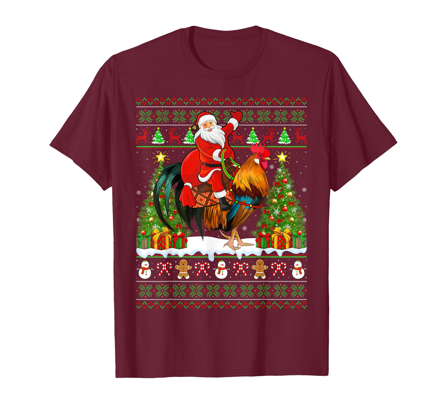 Rooster Bird Lover Funny Ugly Santa Riding Rooster Christmas T-Shirt