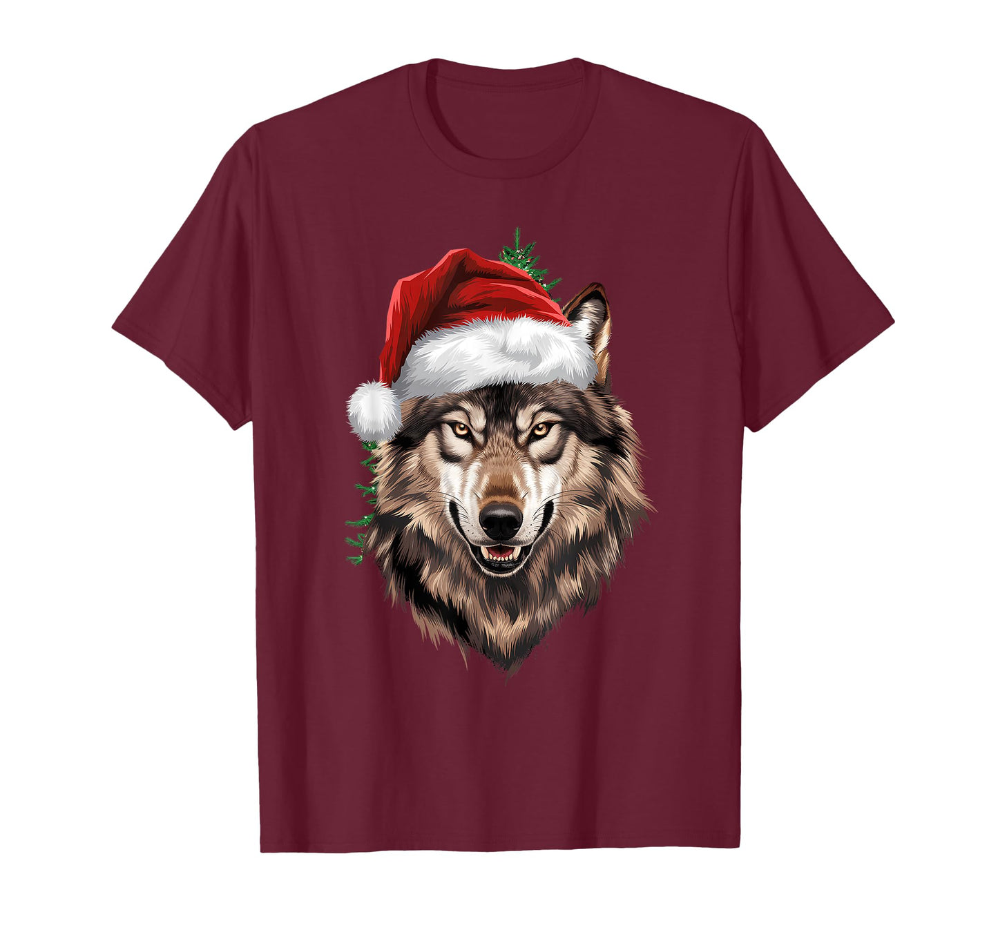 Wolf Christmas Funny Xmas tree Wearing Santa Hat T-Shirt