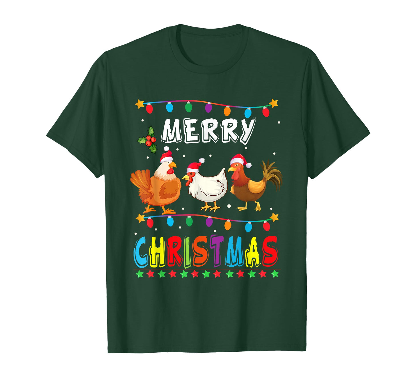 Merry Christmas Chicken Shirt Santa Hat Lights Xmas Funny T-Shirt