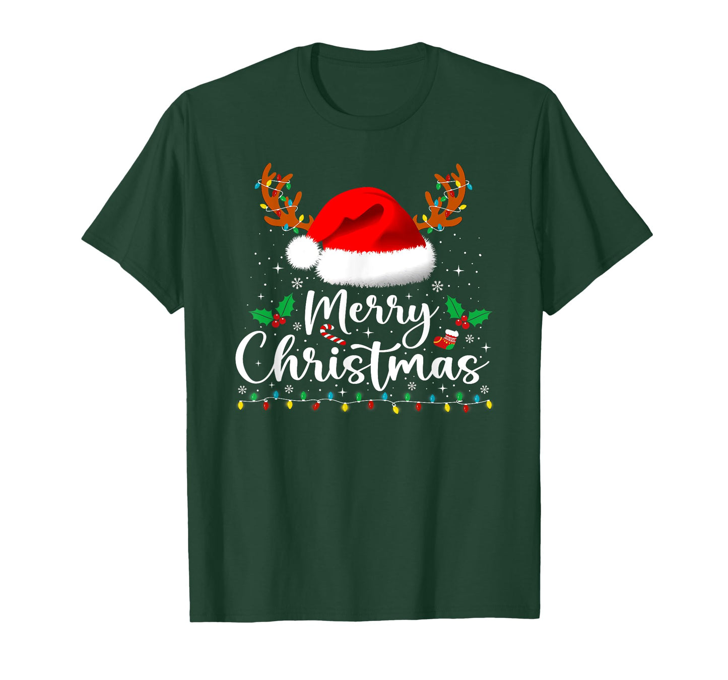 Merry Christmas Reindeer Funny Family Men Women Xmas Lights T-Shirt