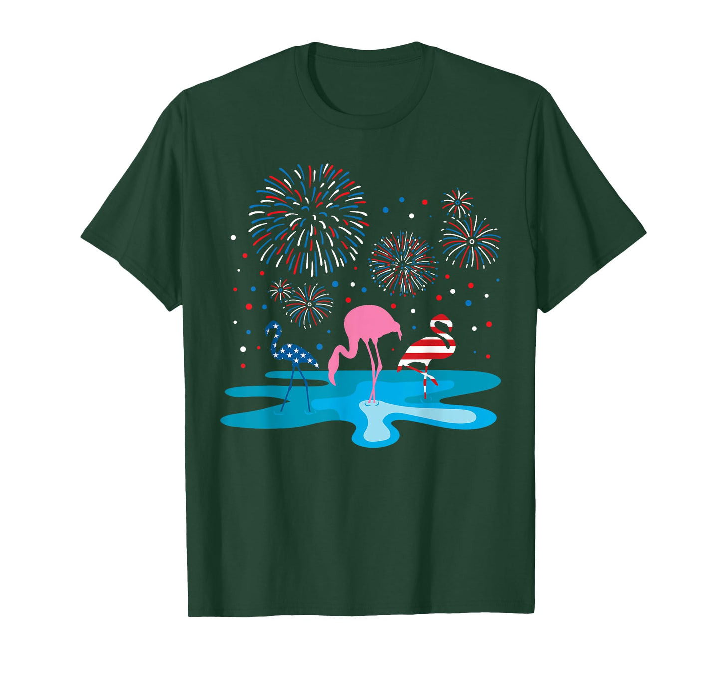 Flamingo 4th of July Fireworks Patriotic American USA Flag T-Shirt