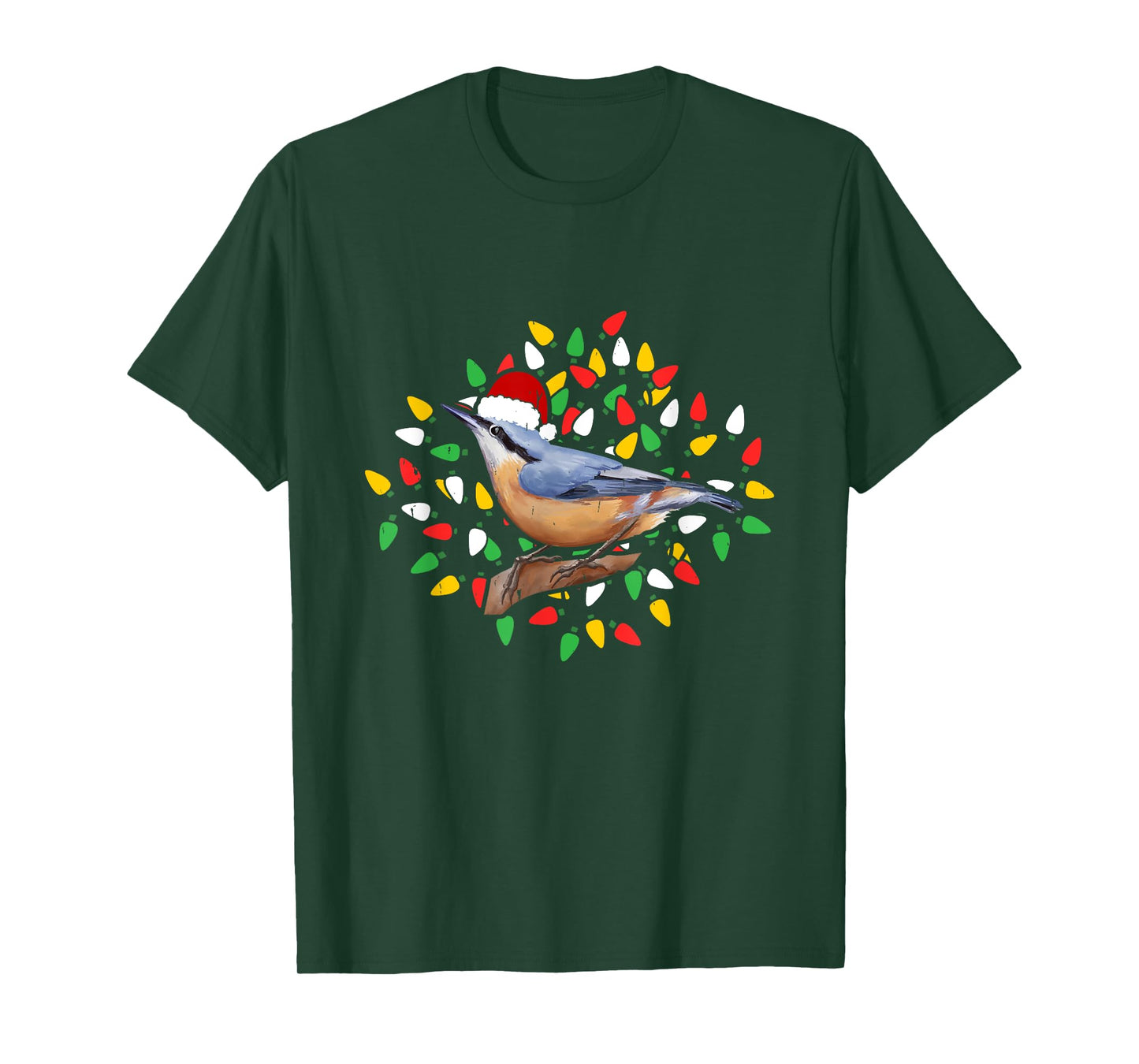 Holiday Xmas Lighting Santa Hat Red Breasted Nuthatch Bird T-Shirt