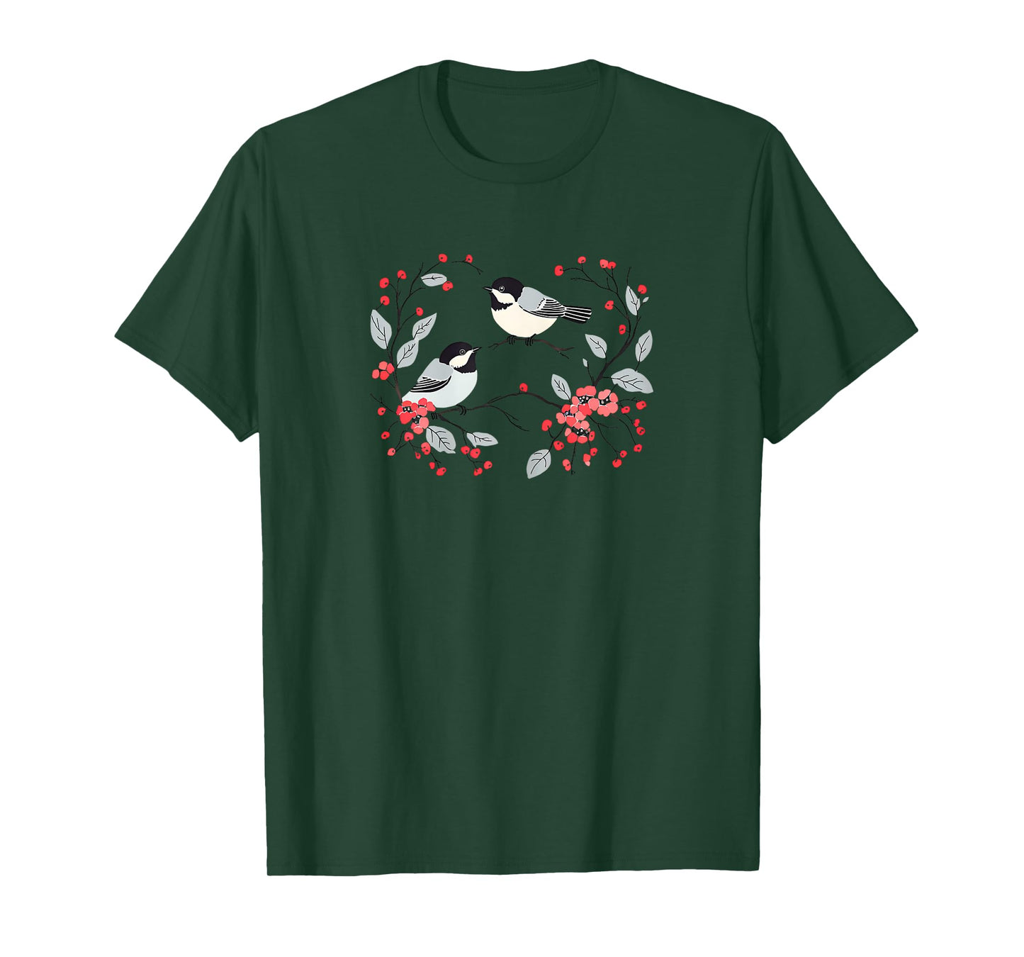 Romantic Chickadees Floral Wreath and Red Berries T-Shirt