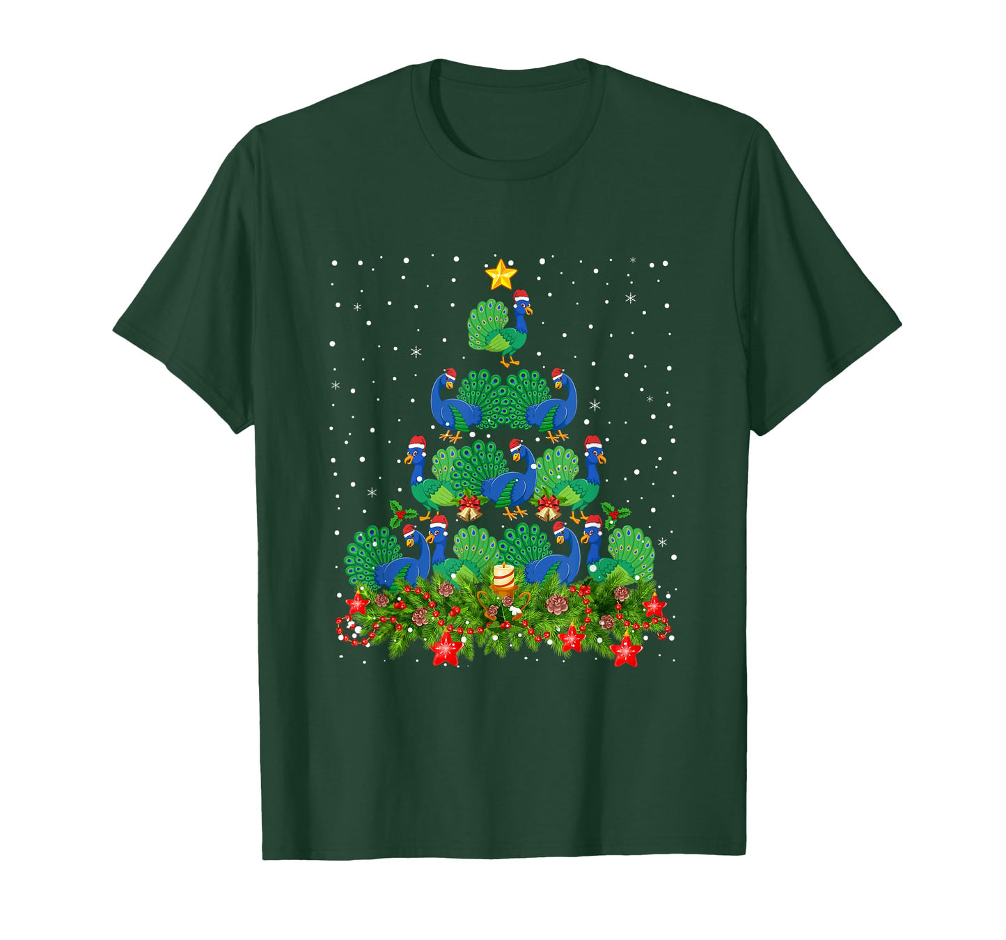 Peacock Bird Xmas Tree - Santa Hat Peacock Christmas T-Shirt