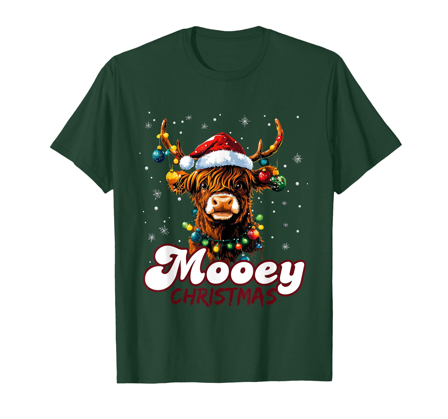 Mooey Christmas Highland Cow with Santa Hat and Xmas Lights T-Shirt