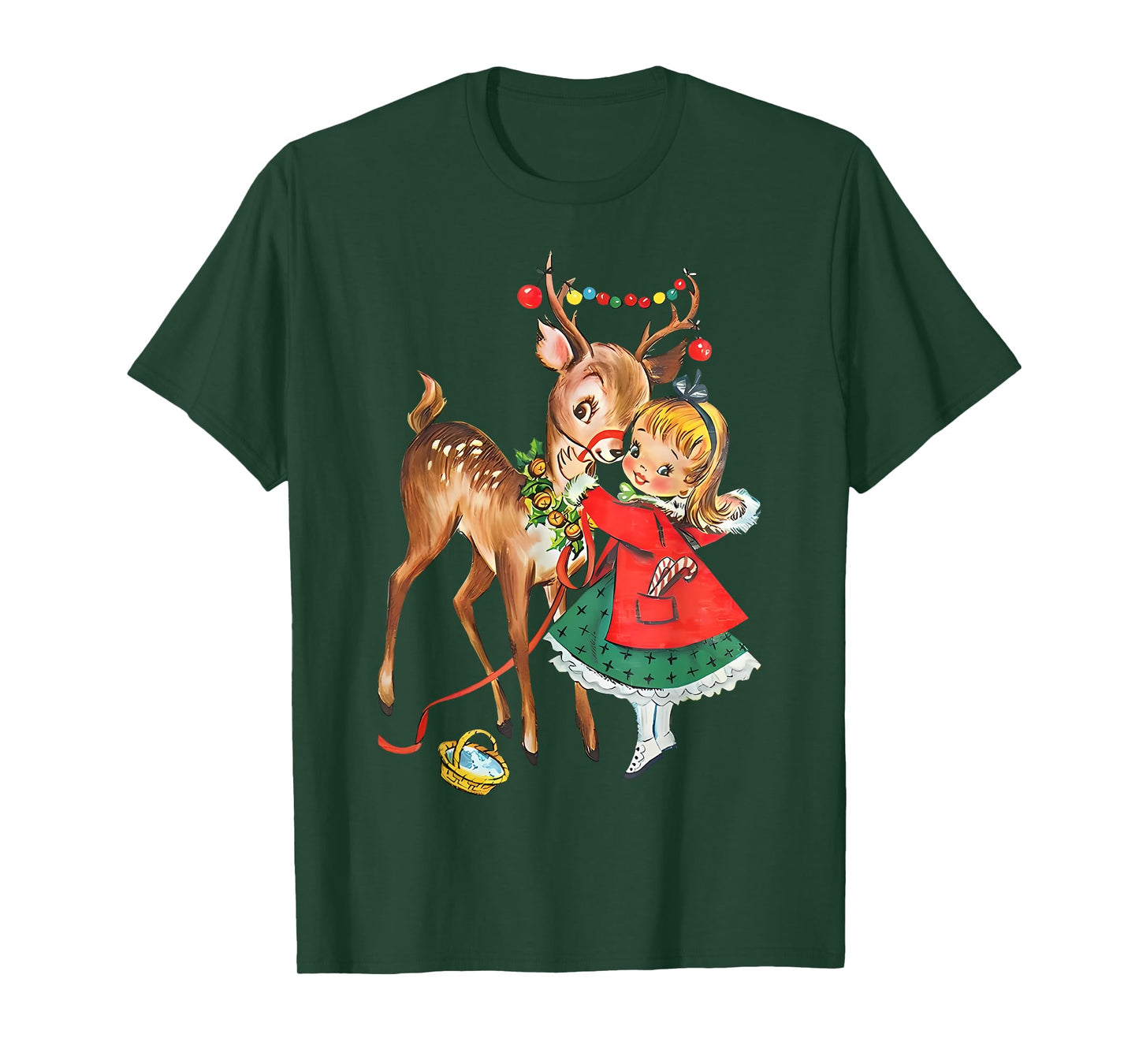 Vintage 1950s Old Fashioned Family Christmas Retro Christmas Reindeer And Girl Mid Century Xmas T-Shirt