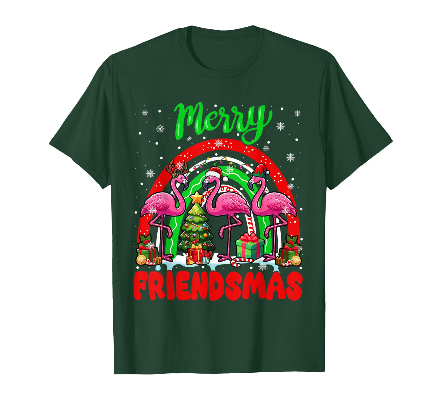 Merry Christmas Friends Three Santa Flamingos Rainbow T-Shirt