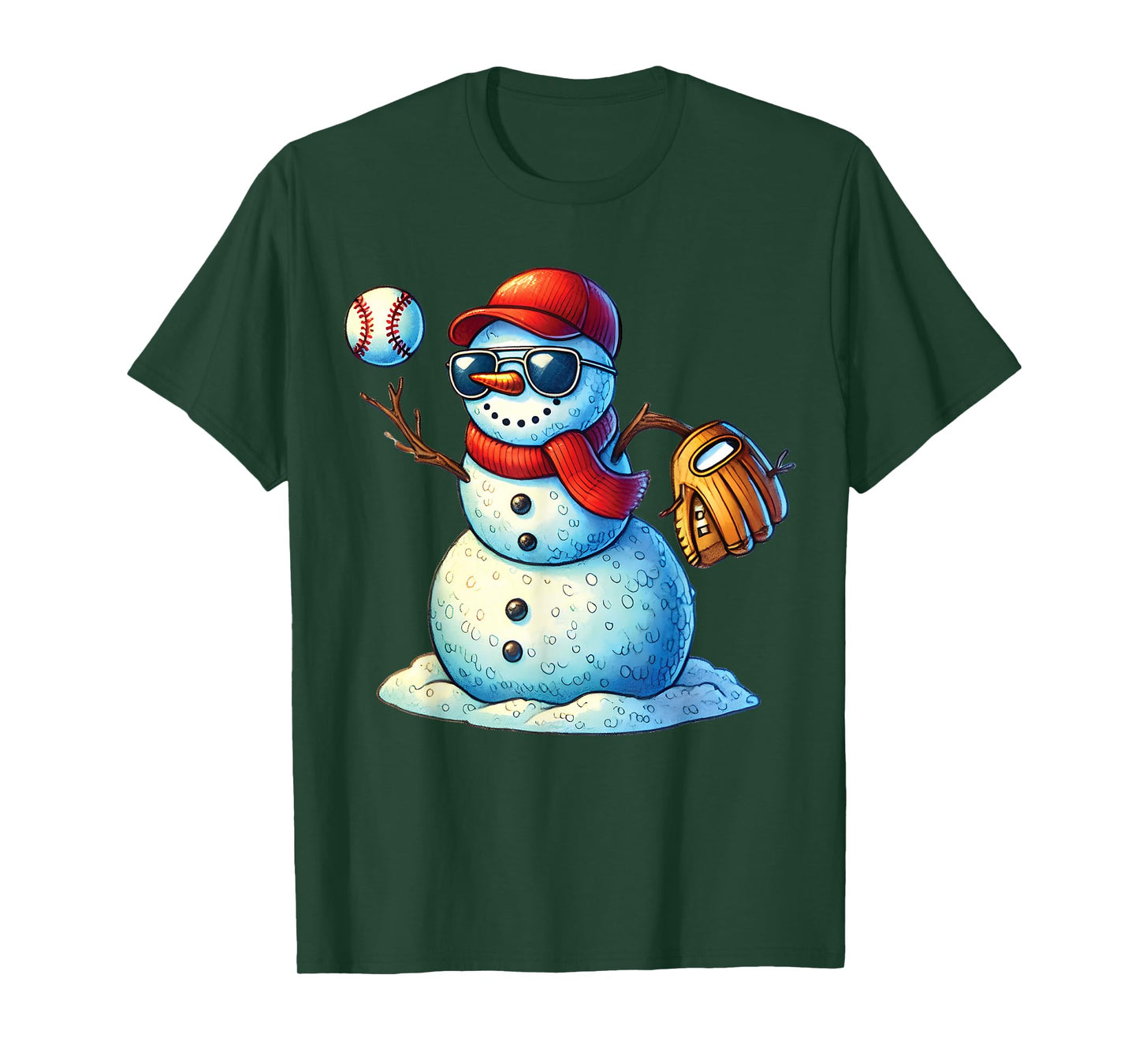 Snowman Playing Baseball as Pitcher Boys Teens Christmas T-Shirt
