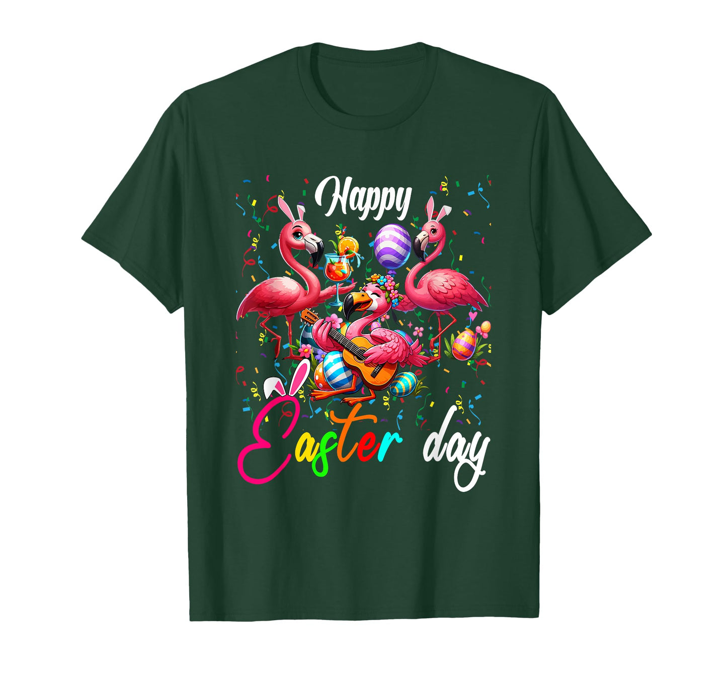 Three Cute Bunny Flamingos Costume Party Easter Eggs Basket T-Shirt