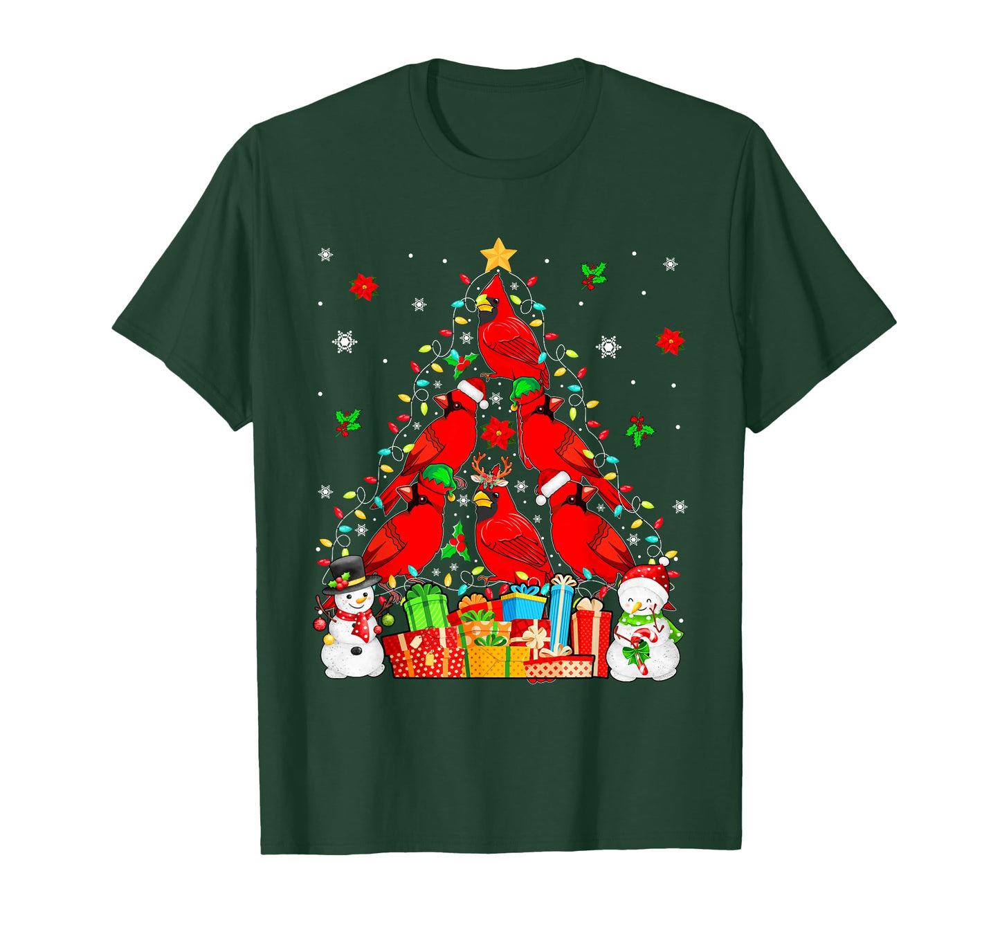 Group Santa Reindeer Elf Cardinal Birds As Xmas Tree Snowmen T-Shirt