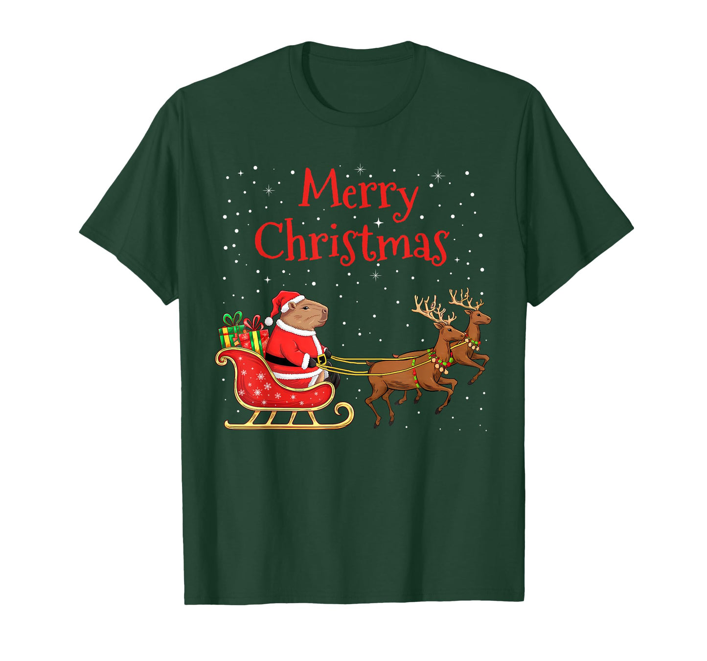 Merry Christmas Capybara Riding Santa Sleigh With Reindeer T-Shirt