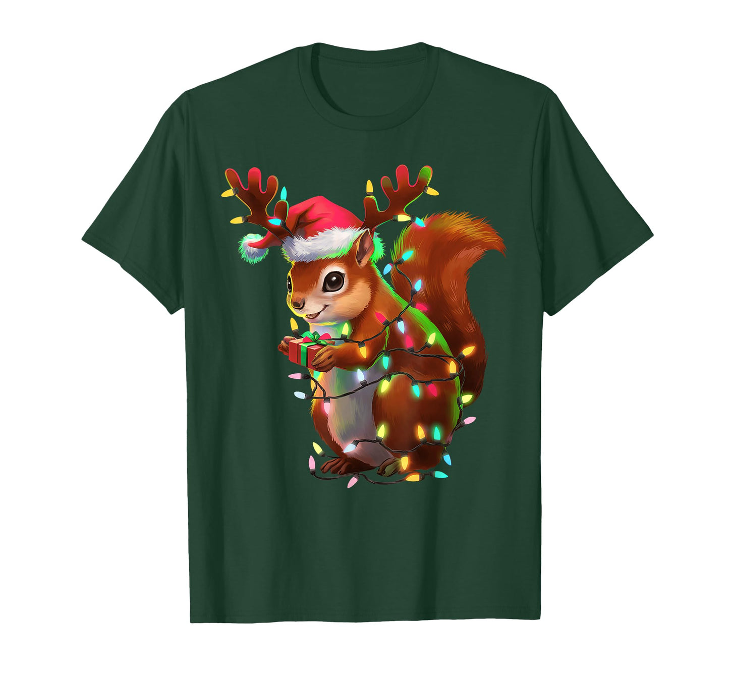 Christmas Squirrel Lights Santa Hat Xmas Family Men Women T-Shirt