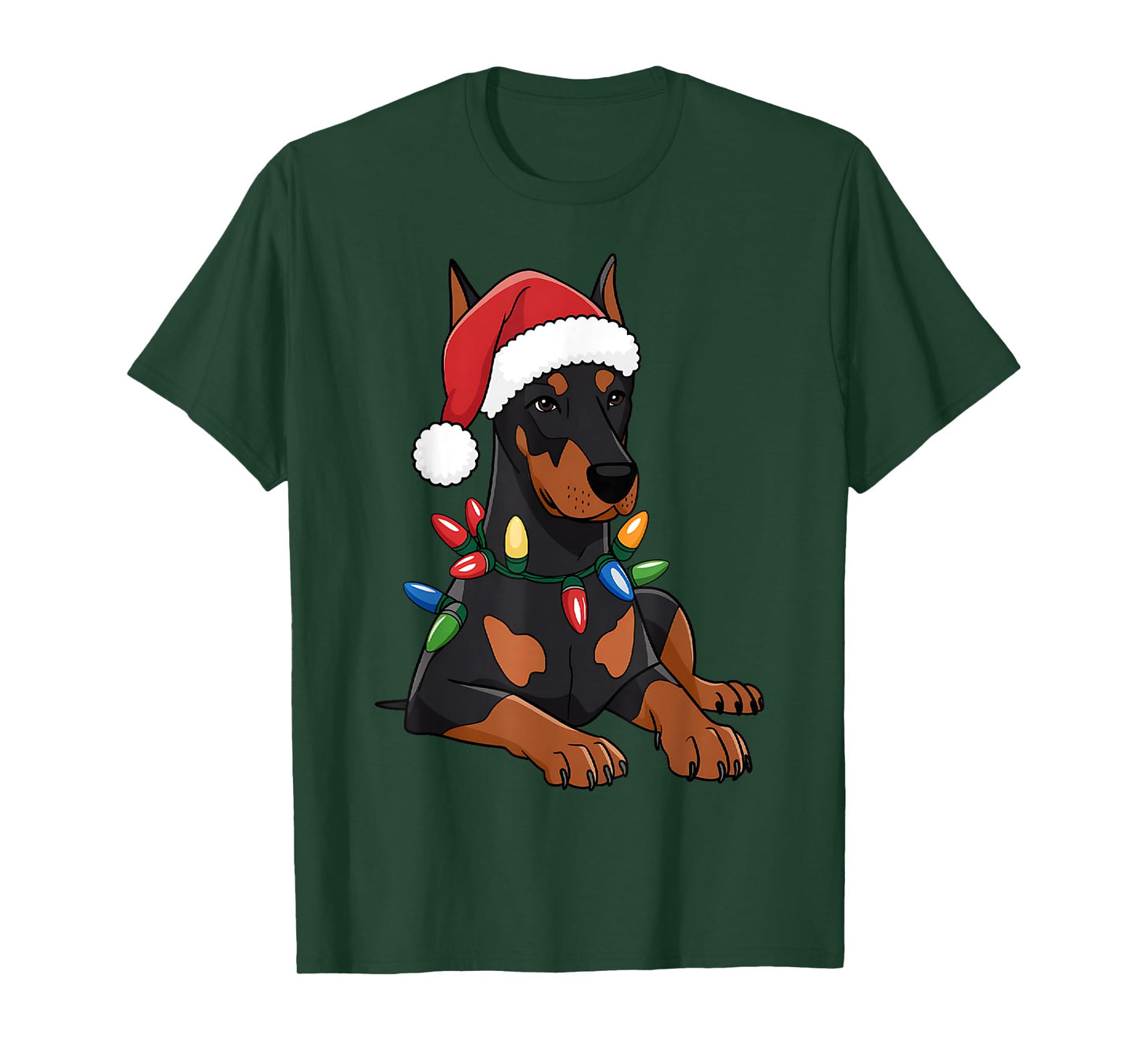 Doberman Santa Christmas Lights Dog Lover Xmas Men Women T-Shirt