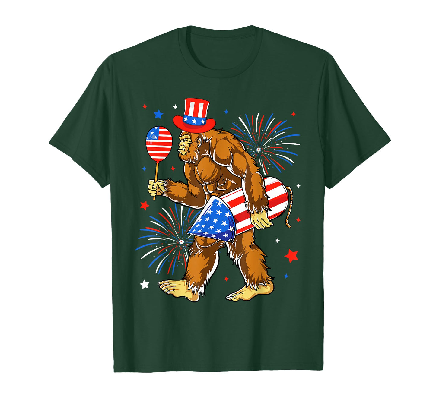 Bigfoot Firework American Flag Bigfoot 4th of July Sasquatch T-Shirt