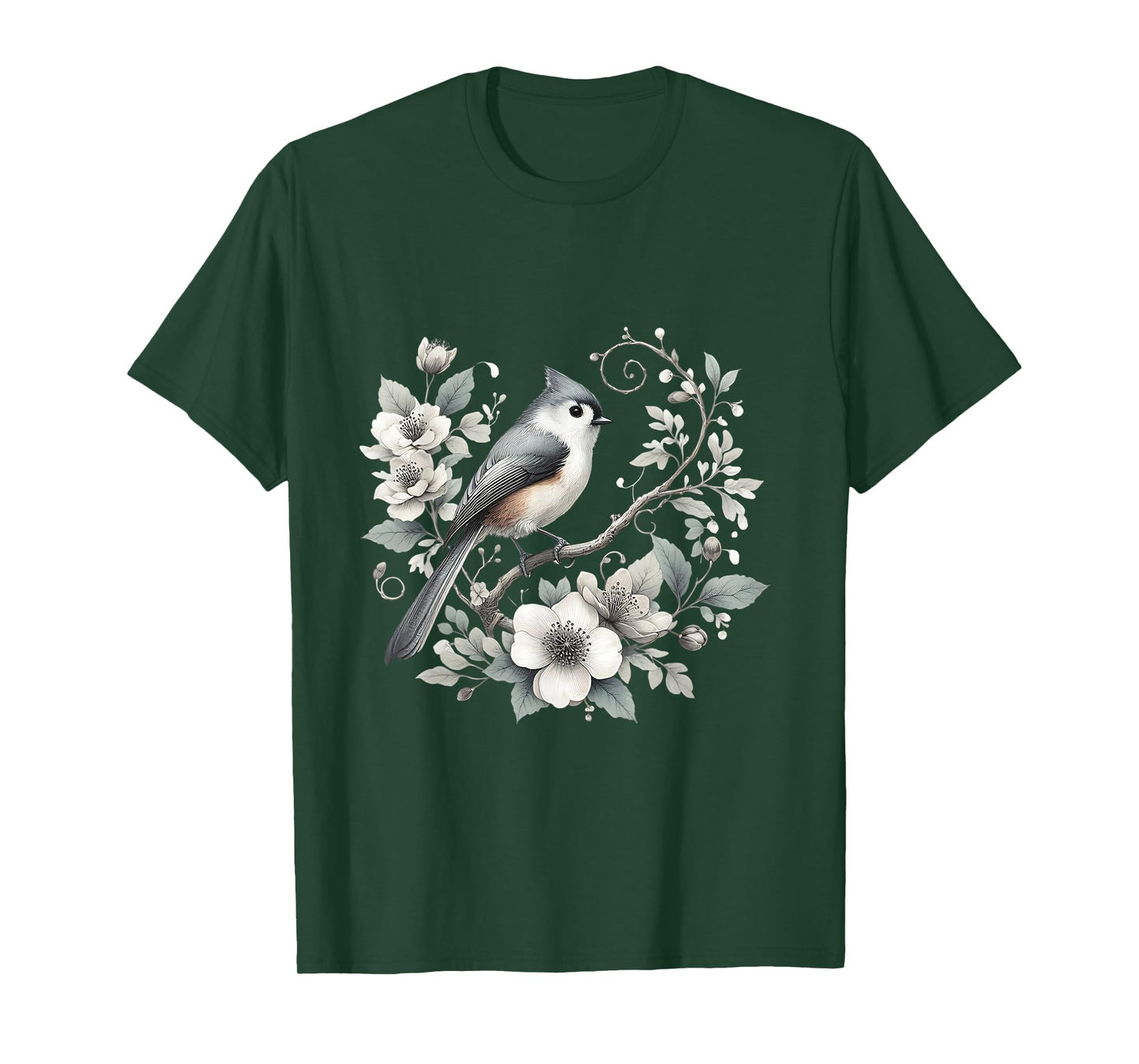 Charming Tufted Titmouse Bird with Floral Nature Design T-Shirt
