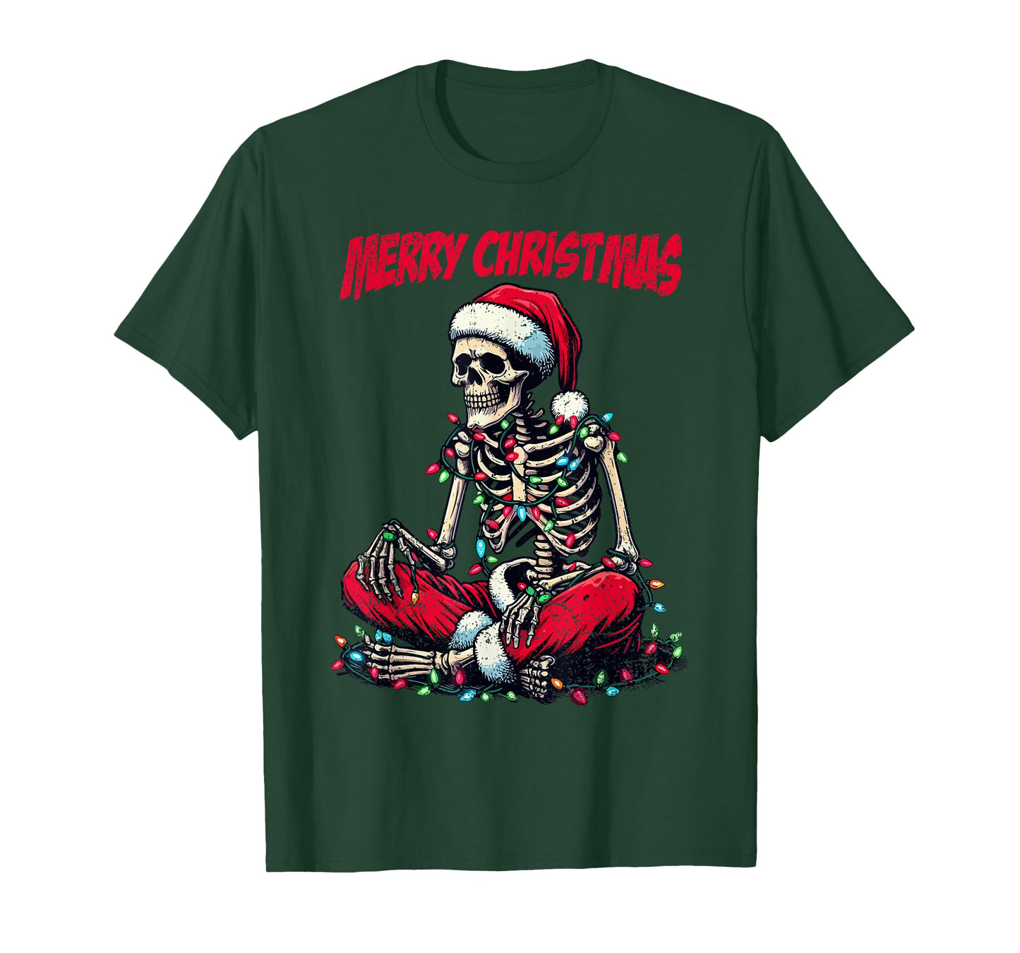 Skeleton Santa Hat Merry Christmas X-mas Lights Holiday T-Shirt