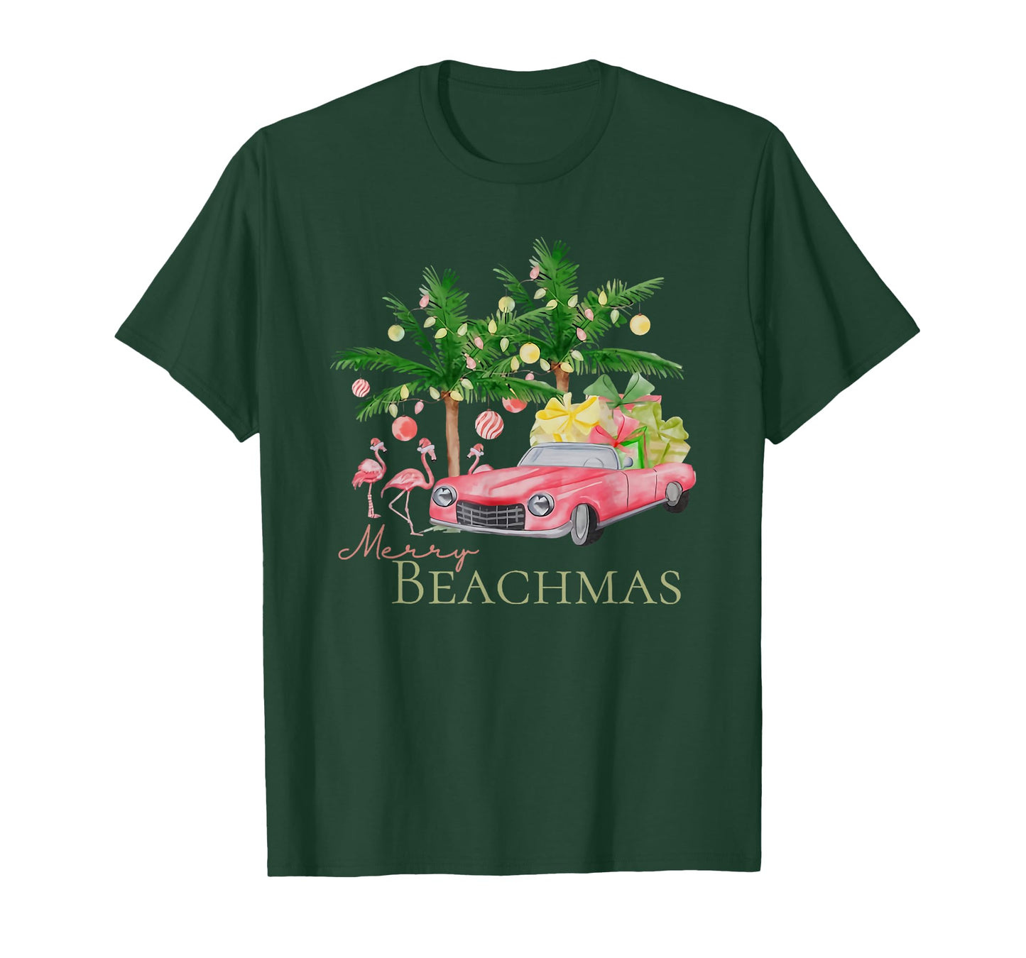 Merry Beachmas Tropical Christmas Santa Flamingo Hawaii Men Women T-Shirt